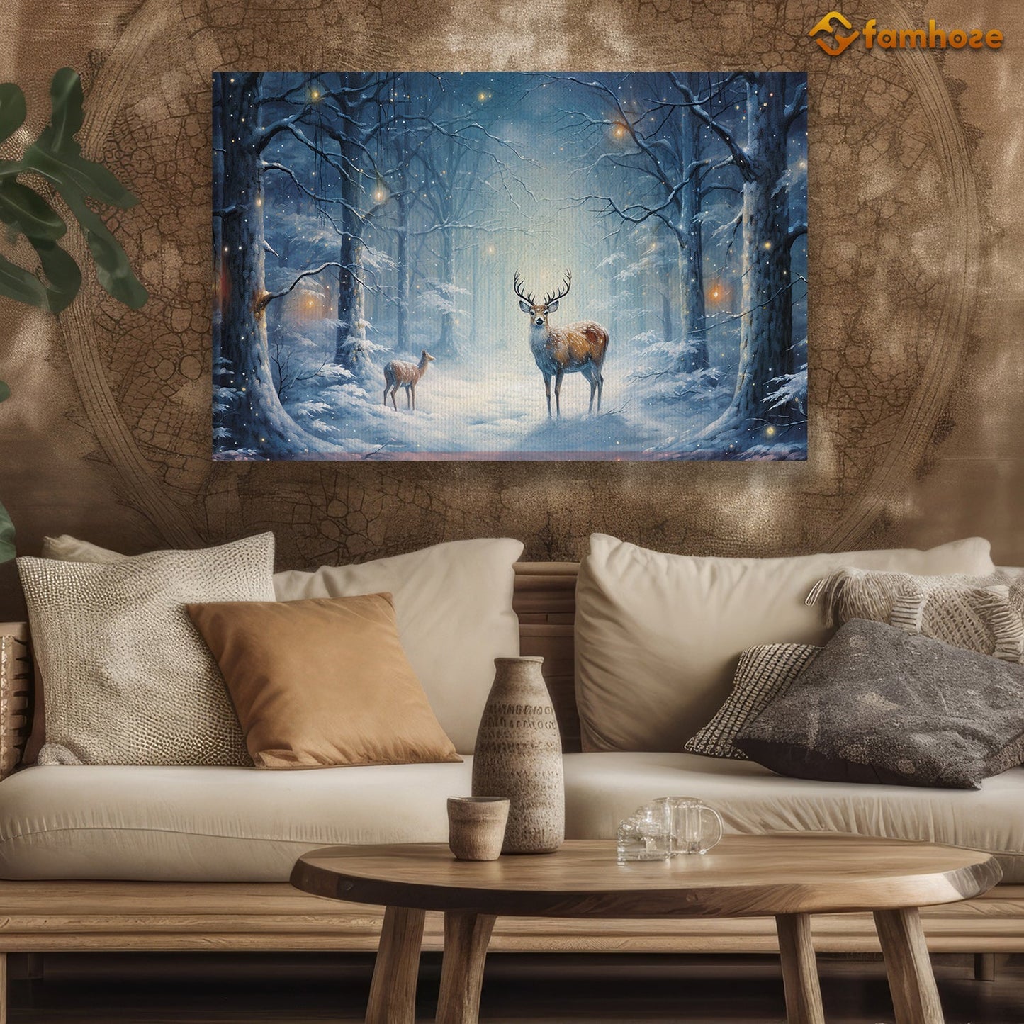 Whispers of Winter A Majestic Encounter in the Snowy Woods Christmas Canvas Painting, Xmas Wall Art Decor - Deer Poster Gift