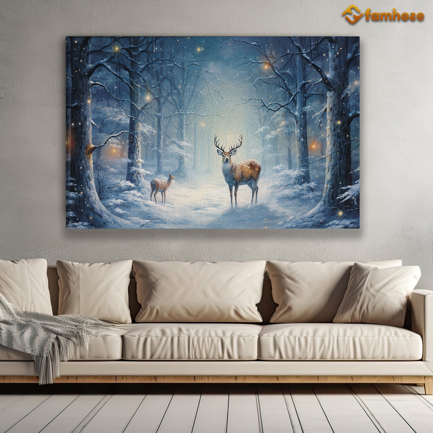 Whispers of Winter A Majestic Encounter in the Snowy Woods Christmas Canvas Painting, Xmas Wall Art Decor - Deer Poster Gift