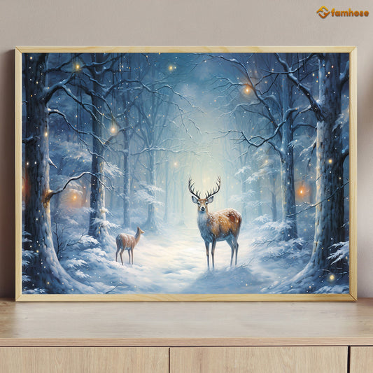 Whispers of Winter A Majestic Encounter in the Snowy Woods Christmas Canvas Painting, Xmas Wall Art Decor - Deer Poster Gift