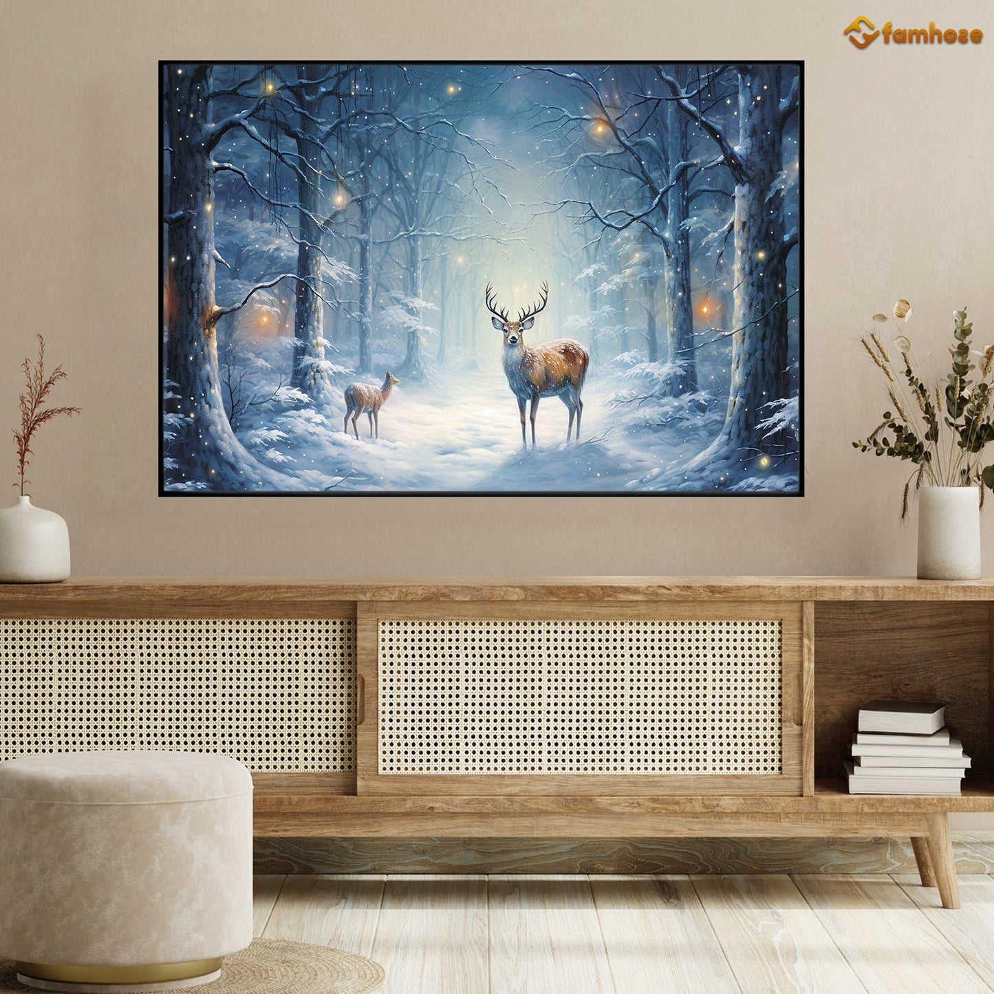 Whispers of Winter A Majestic Encounter in the Snowy Woods Christmas Canvas Painting, Xmas Wall Art Decor - Deer Poster Gift