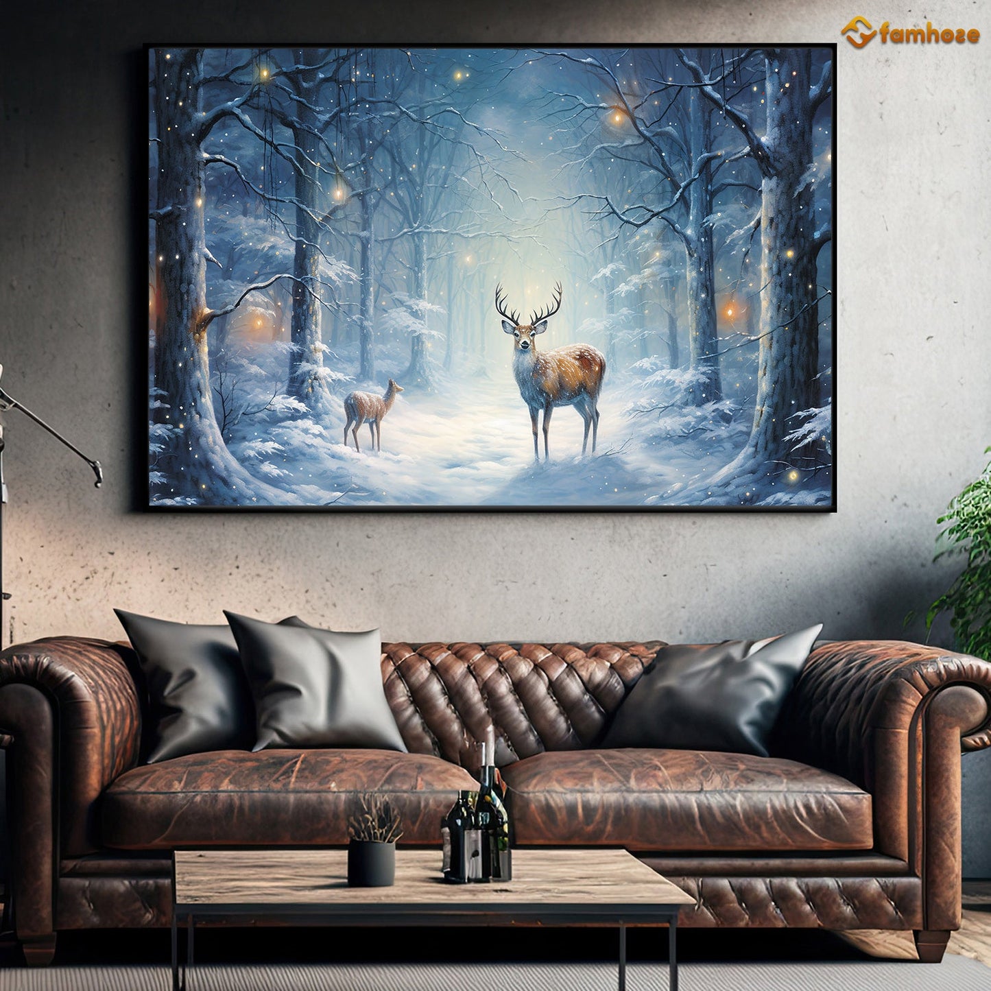 Whispers of Winter A Majestic Encounter in the Snowy Woods Christmas Canvas Painting, Xmas Wall Art Decor - Deer Poster Gift