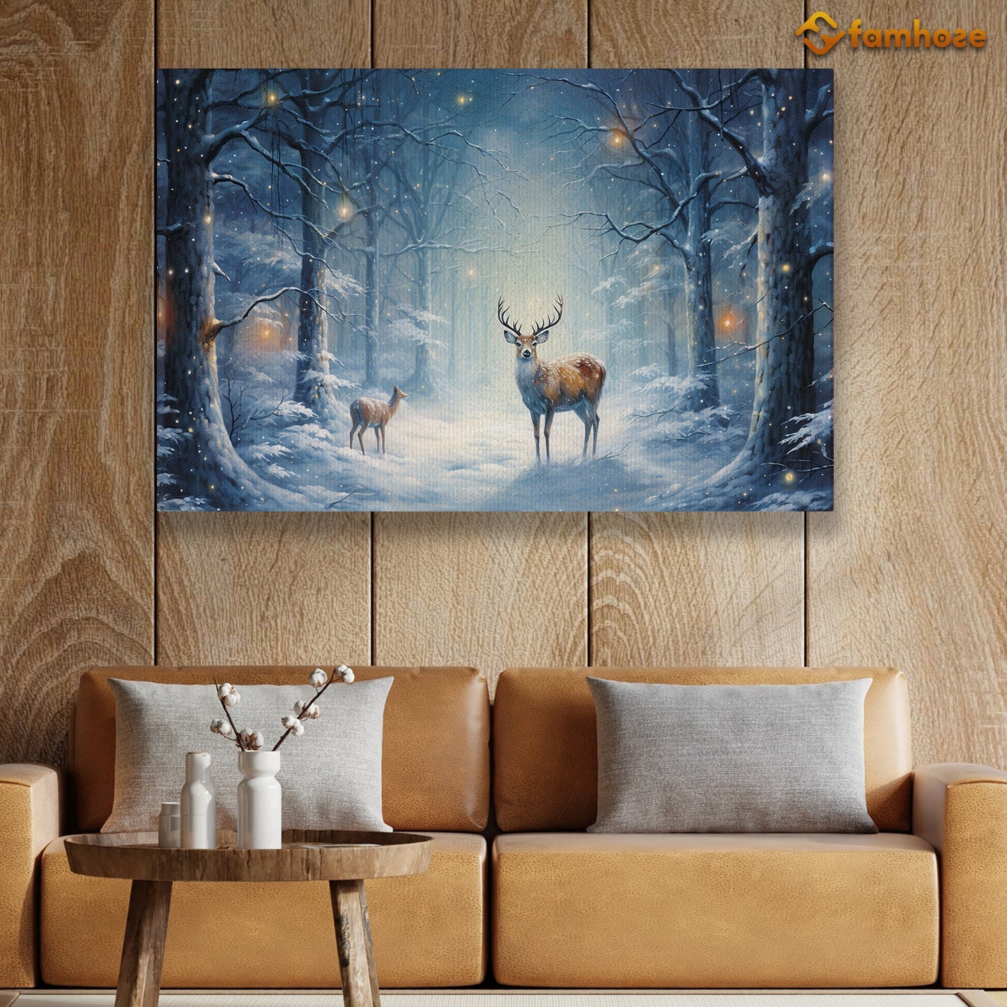 Whispers of Winter A Majestic Encounter in the Snowy Woods Christmas Canvas Painting, Xmas Wall Art Decor - Deer Poster Gift