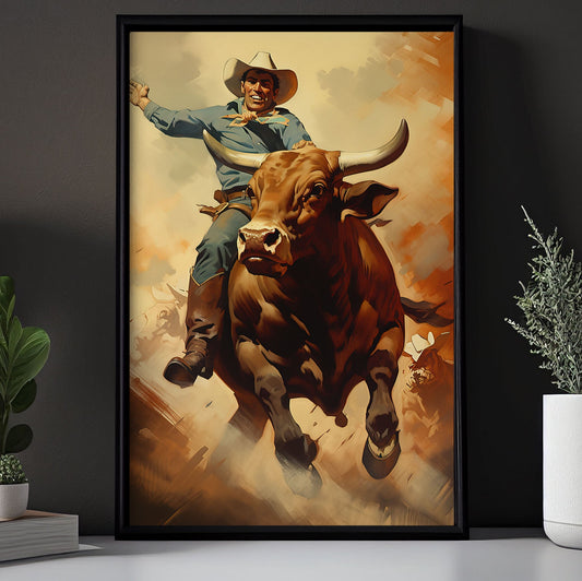 Rider’s Grit Canvas, Bull Riding Canvas Painting, Wall Art Decor - Bull Riding Poster Gift, Gift For Cowboy Lovers