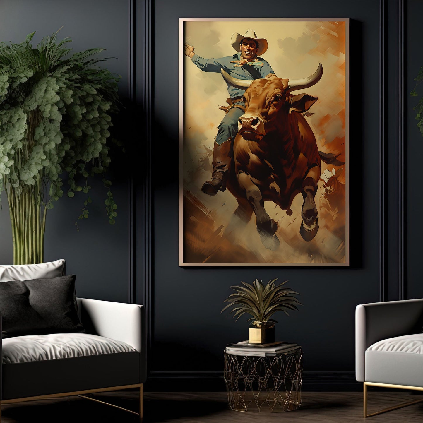 Rider’s Grit Canvas, Bull Riding Canvas Painting, Wall Art Decor - Bull Riding Poster Gift, Gift For Cowboy Lovers