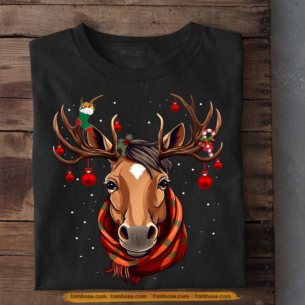 Cute Horse Christmas T-shirt, Horse With Reindeer On Head, Gift For Horse Lovers, Horse Riders, Equestrians