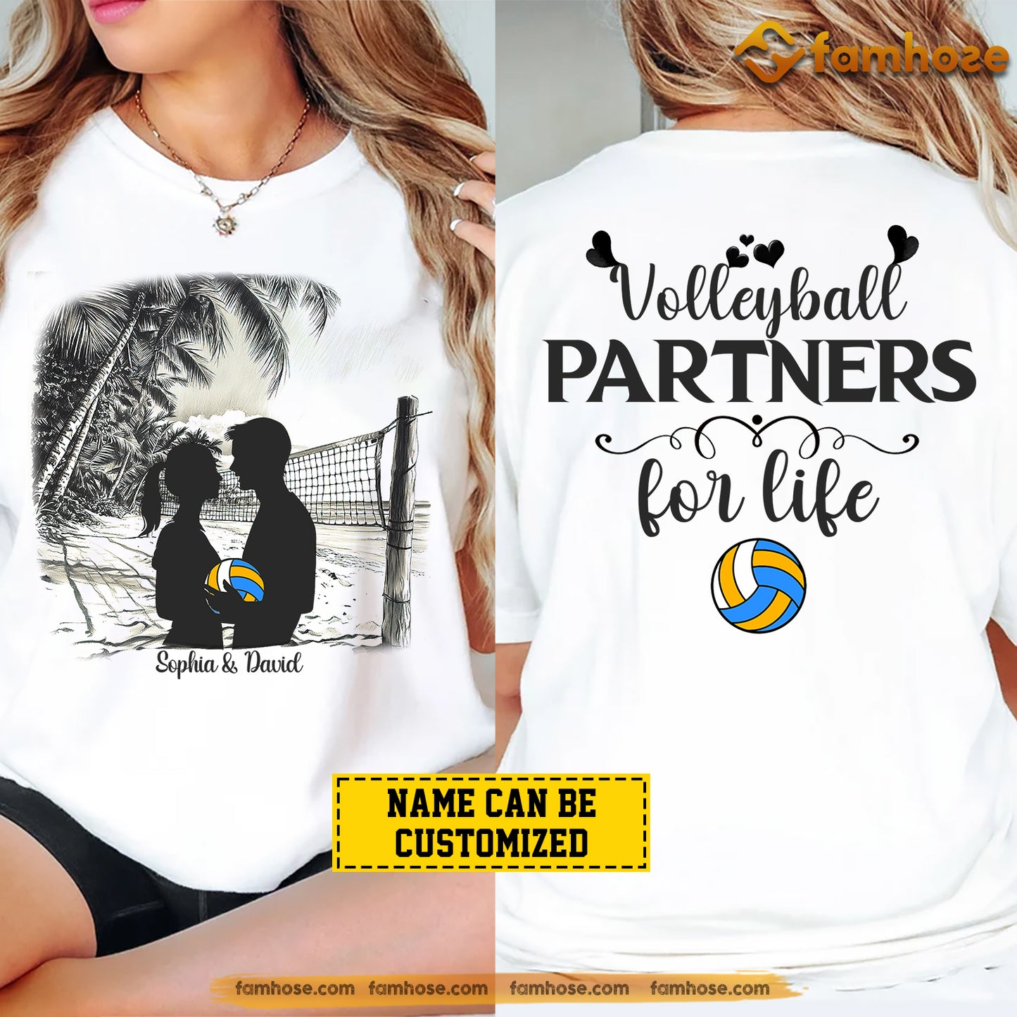 Personalized Couple Volleyball Two-sided T-shirt, Volleyball Partners For Life, Couple Tees Valentine's Day Gift For Volleyball Lovers