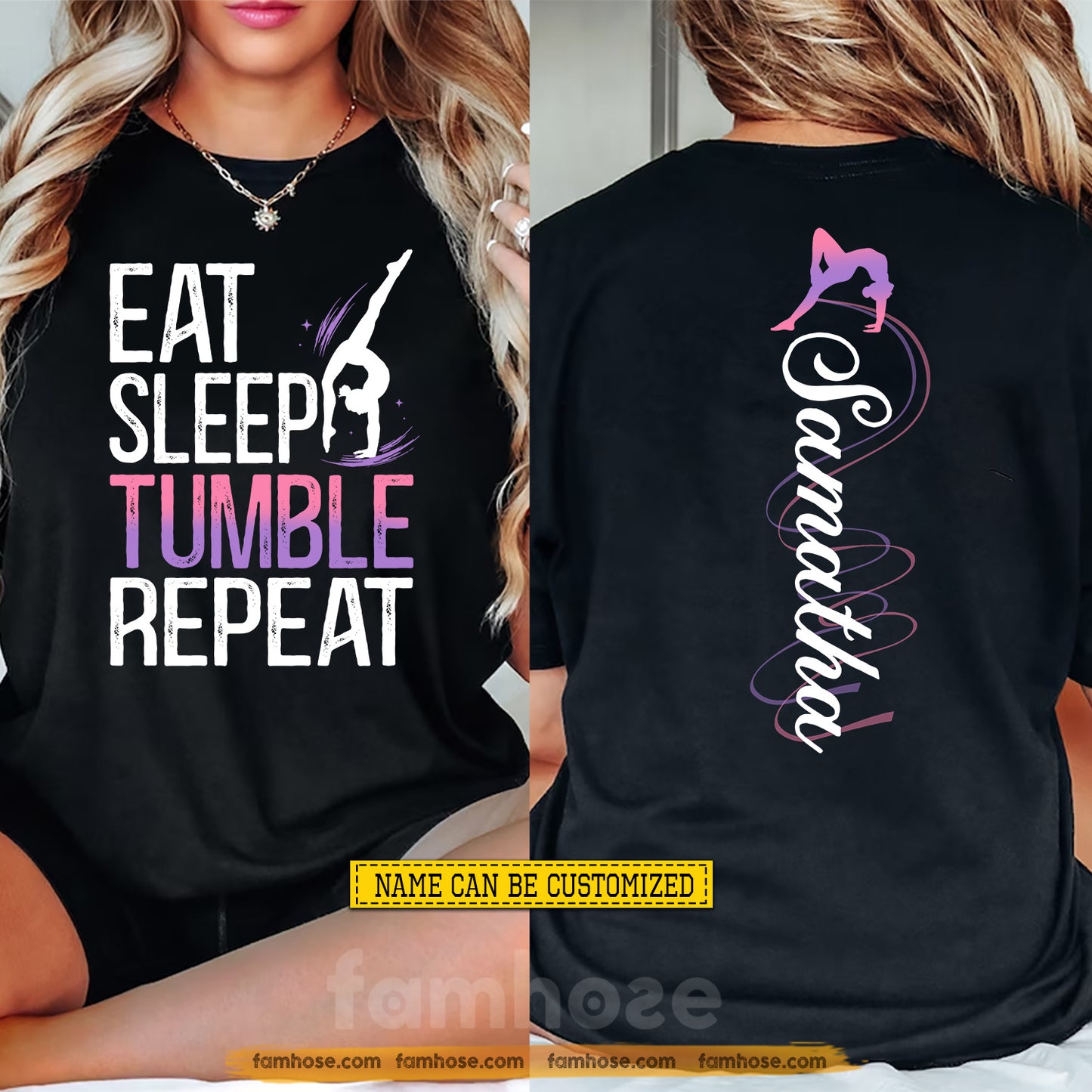 Personalized Gymnastics Two-sided T-shirt, Eat Sleep Tumble Repeat Sport Tees Gift For Gymnastics Lover
