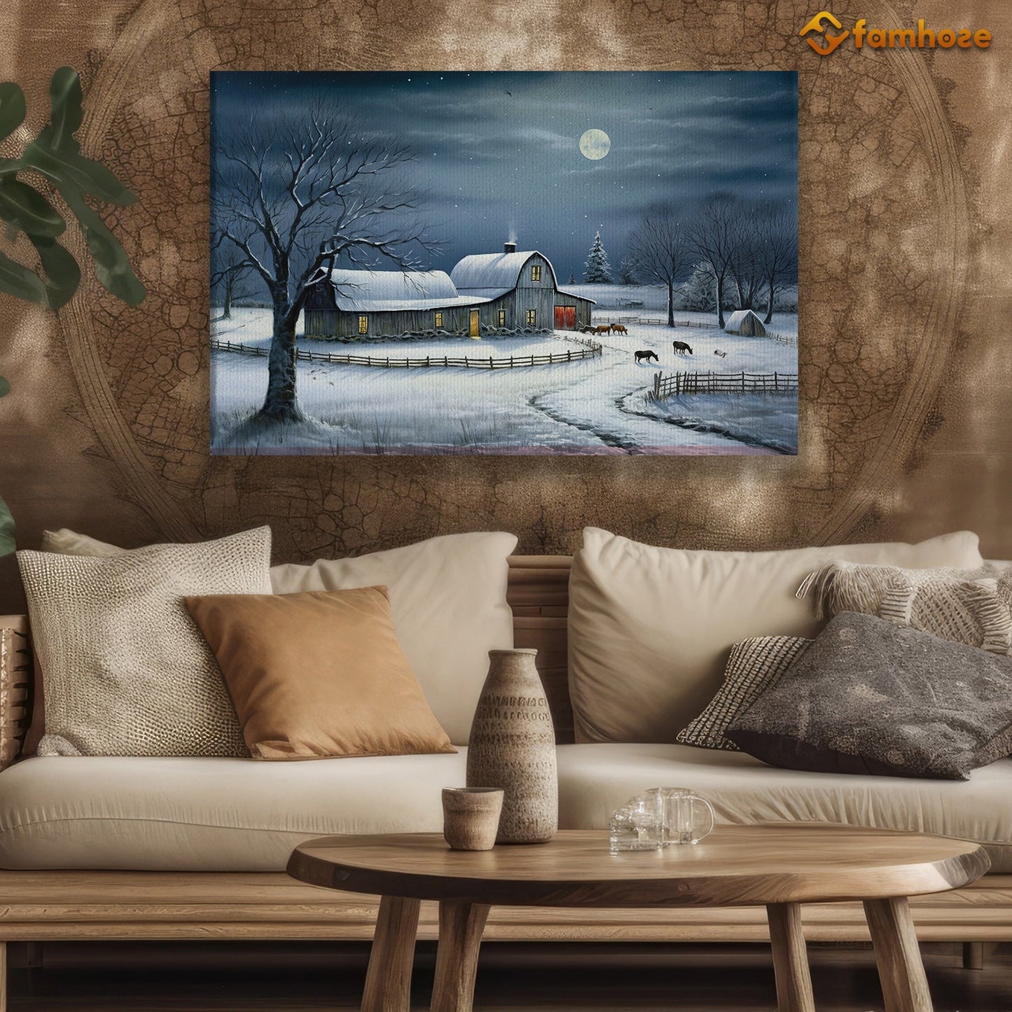 Serene Homestead A Peaceful Winter Night on the Farm Christmas Canvas Painting, Xmas Wall Art Decor - Christmas Poster Gift