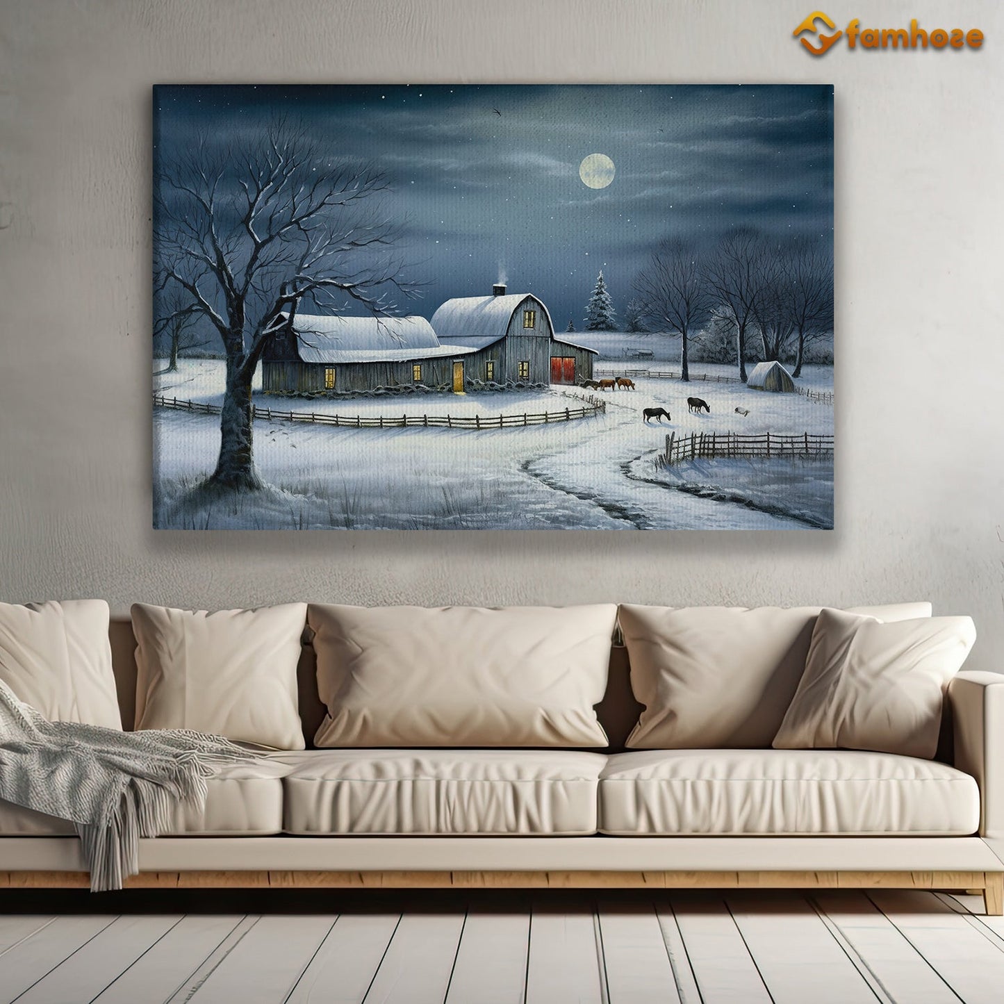 Serene Homestead A Peaceful Winter Night on the Farm Christmas Canvas Painting, Xmas Wall Art Decor - Christmas Poster Gift