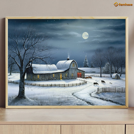 Serene Homestead A Peaceful Winter Night on the Farm Christmas Canvas Painting, Xmas Wall Art Decor - Christmas Poster Gift