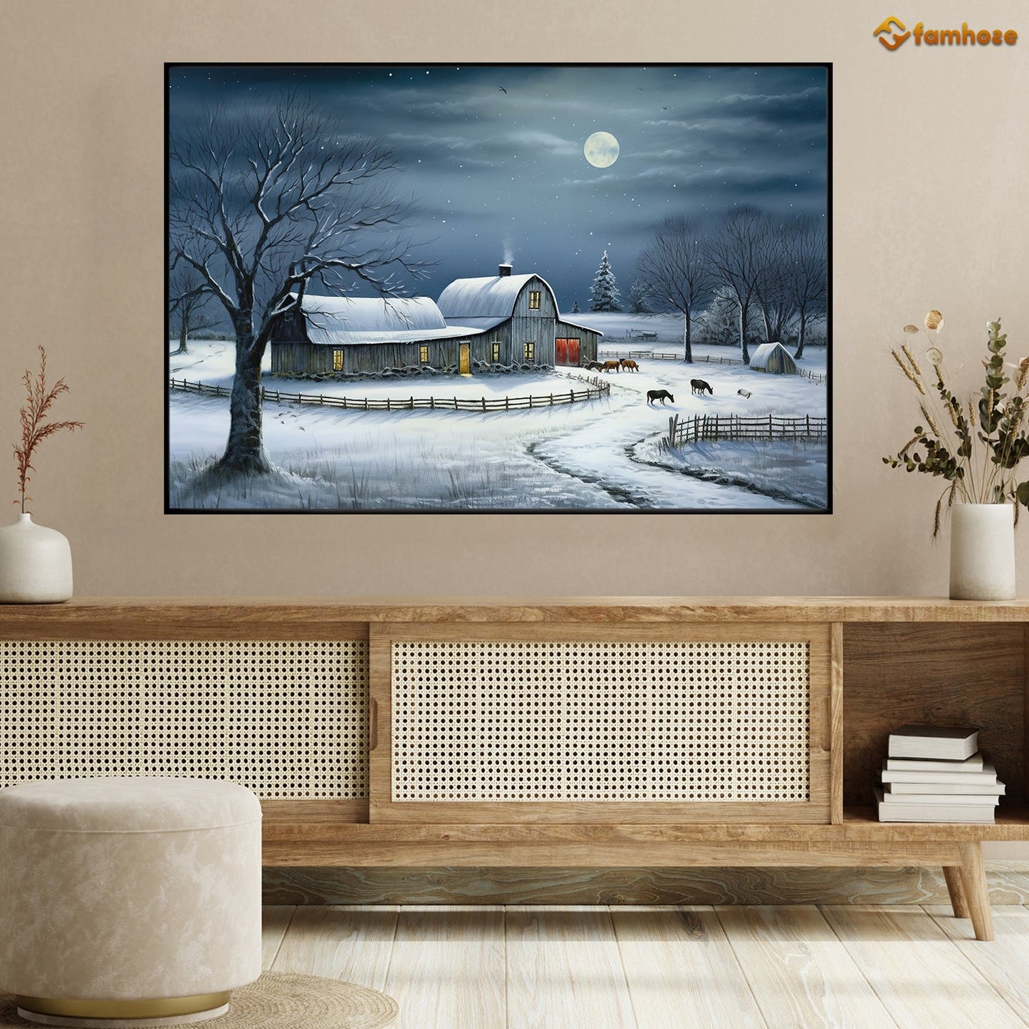 Serene Homestead A Peaceful Winter Night on the Farm Christmas Canvas Painting, Xmas Wall Art Decor - Christmas Poster Gift