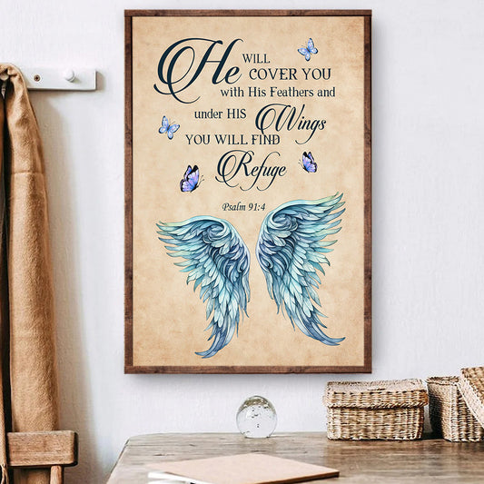 He Will Cover You With His Feathers, Spiritual Wings Canvas Painting, Angel Wall Art Decor, Poster Gift For Christian Lovers
