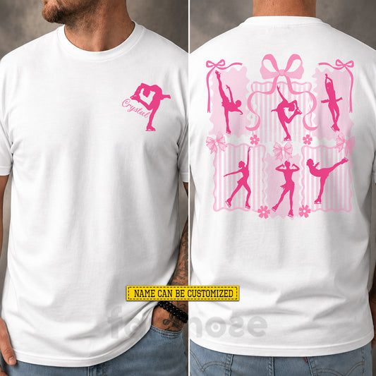 Personalized Ice Skating Two-sided T-shirt, Pretty In Pink On Ice Sport Tees Gift For Ice Skating Lover
