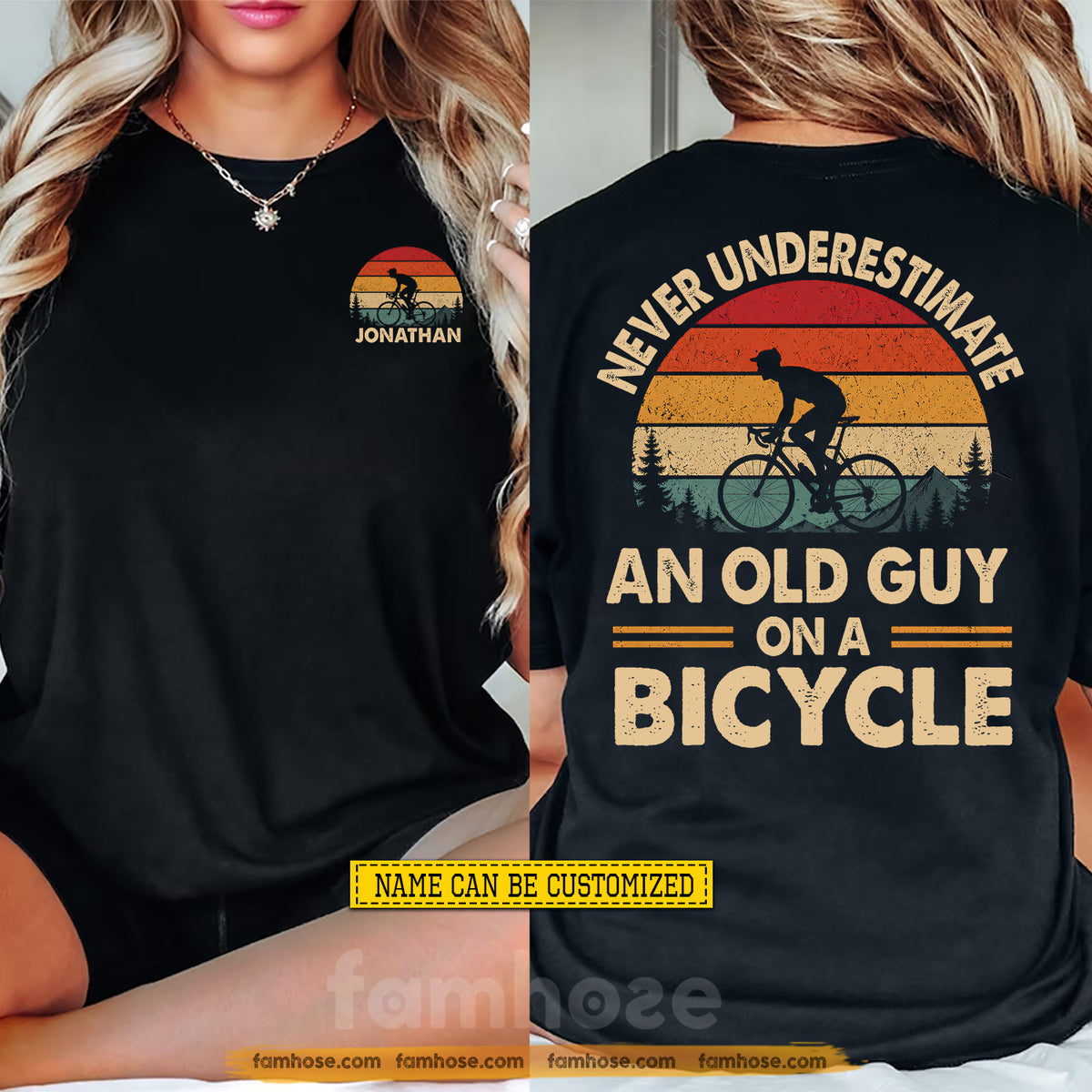 Personalized Cycling Two-sided T-shirt, Never Underestimate An Old Guy On A Bicycle Sport Tees Gift For Cycling Lover