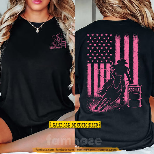 Personalized Barrel Racing USA Two-sided T-shirt, Faith Grit & Barrels Tees Gift For Barrel Racing Lover