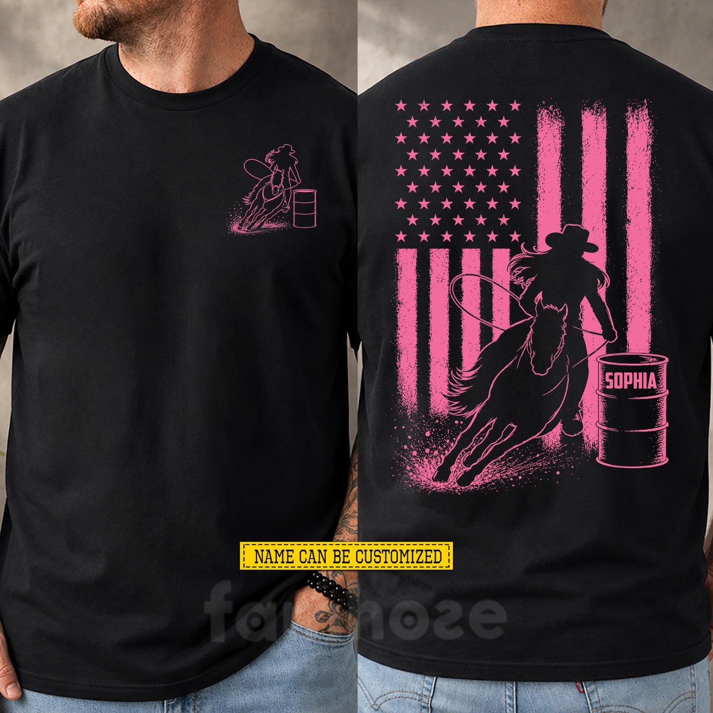 Personalized Barrel Racing USA Two-sided T-shirt, Faith Grit & Barrels Tees Gift For Barrel Racing Lover