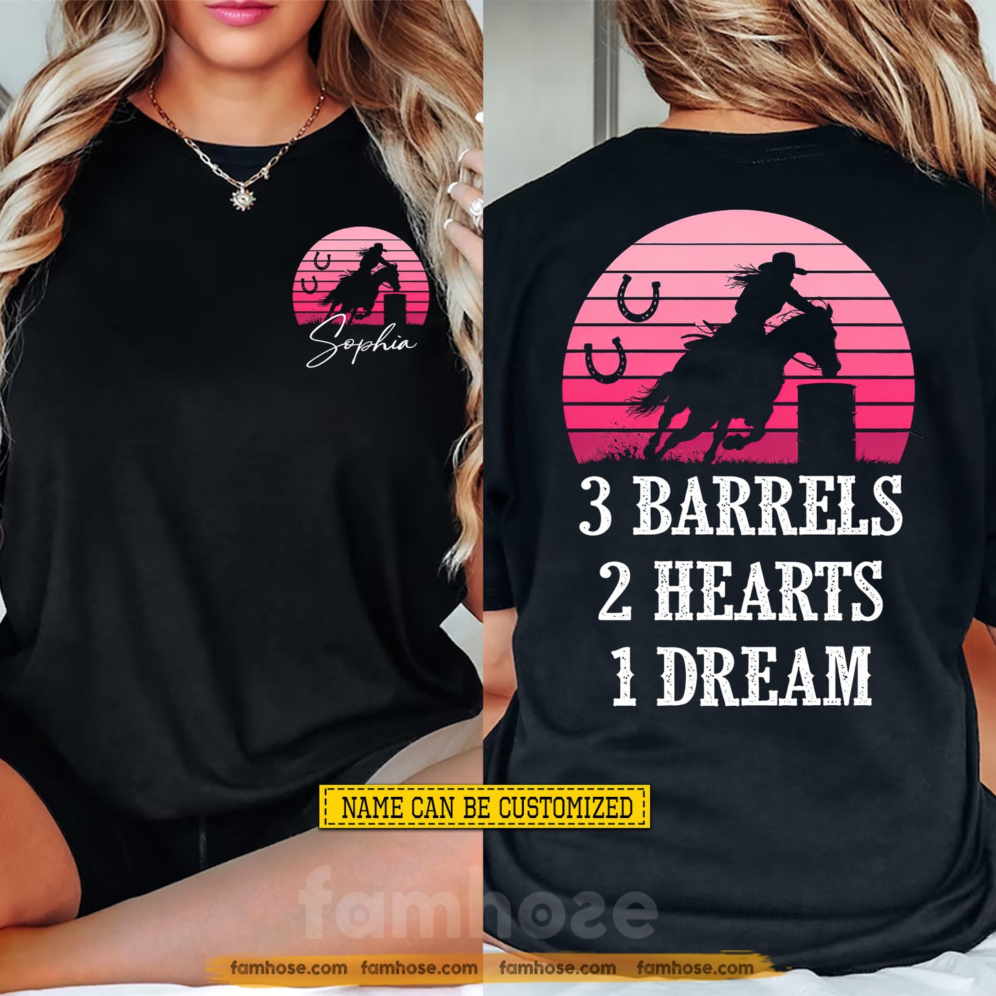 Personalized Barrel Racing Two-sided T-shirt, 3 Barrels 2 Hearts 1 Dream Tees Gift For Barrel Racing Lover
