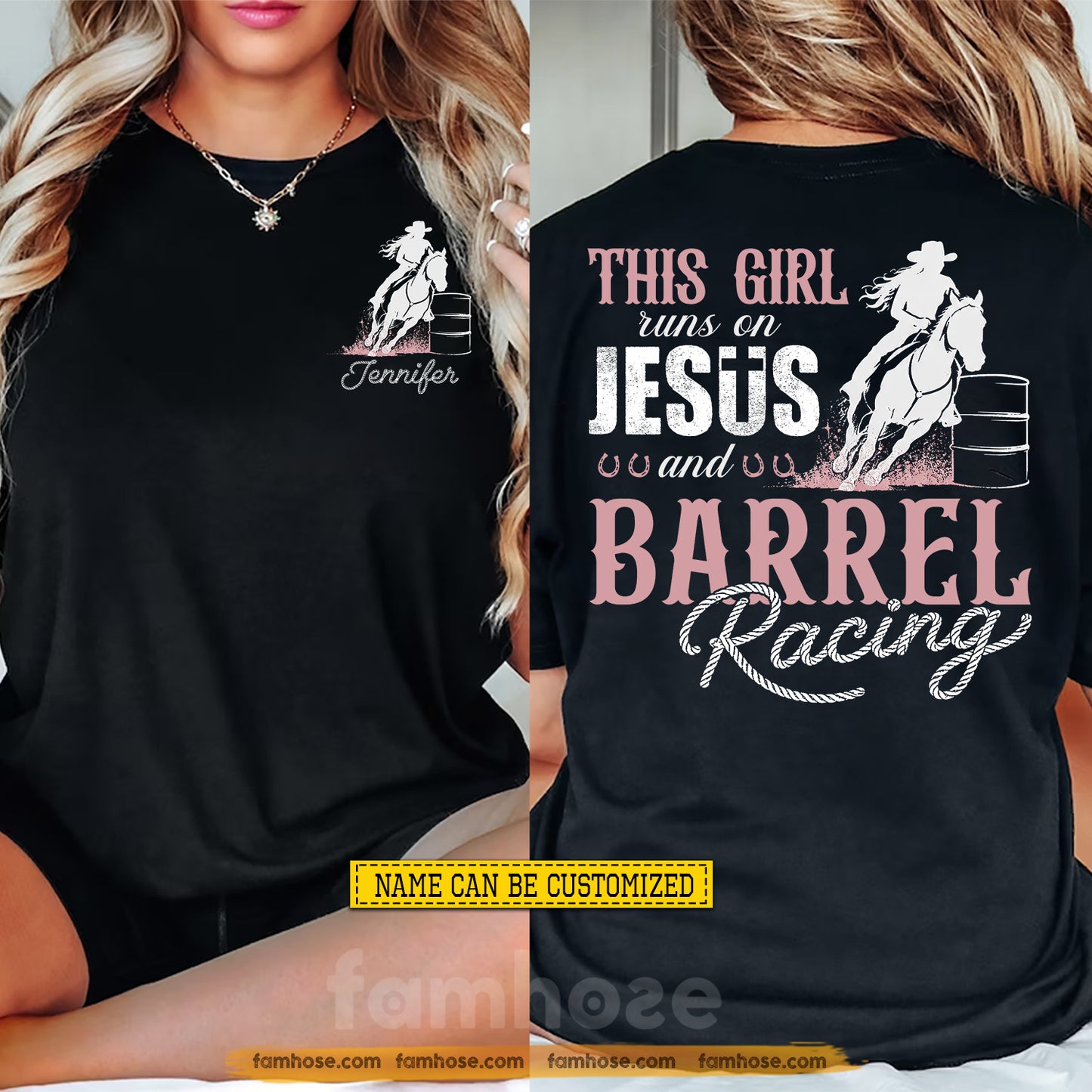 Personalized Barrel Racing & God Two-sided T-shirt, This Girl Runs On Jesus And Barrel Racing Tees Gift For Barrel Racing Lover