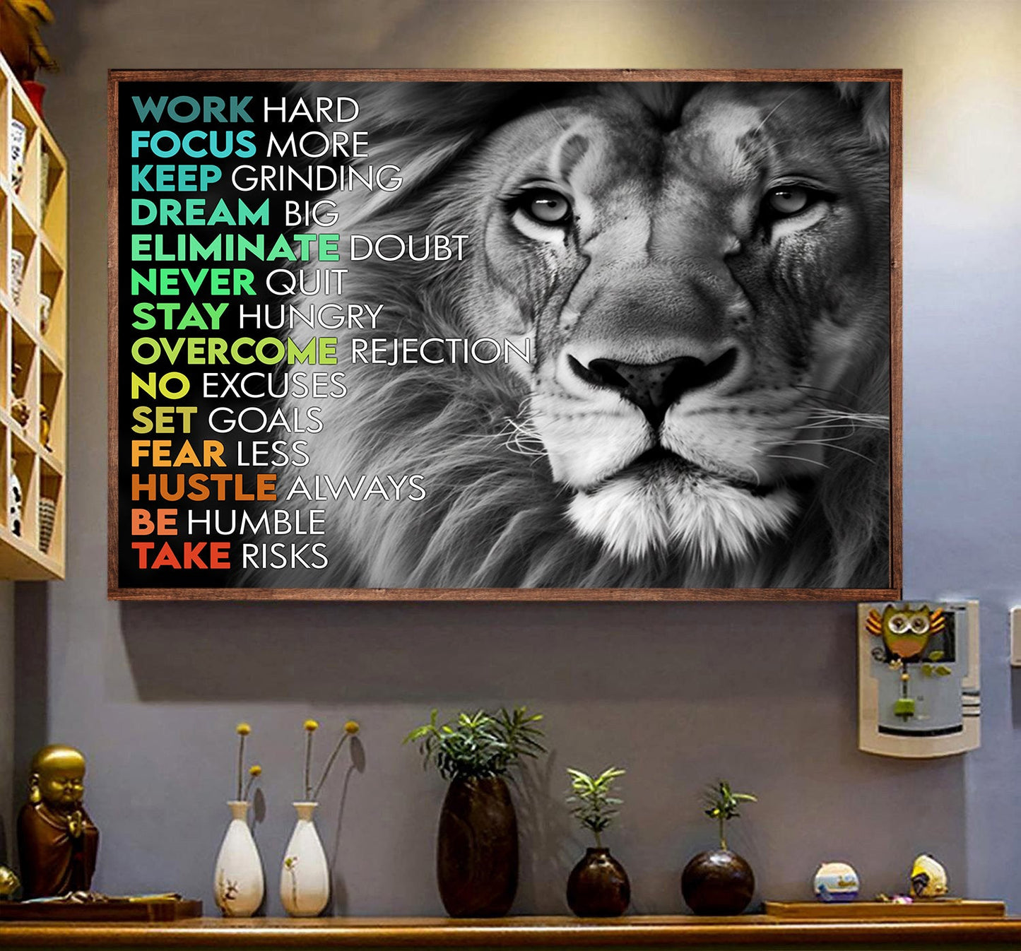 Work Hard Keep Grinding Dream Big, Motivational Canvas Painting, Inspirational Quotes Wall Art Decor - Poster Gift For Lion Lovers