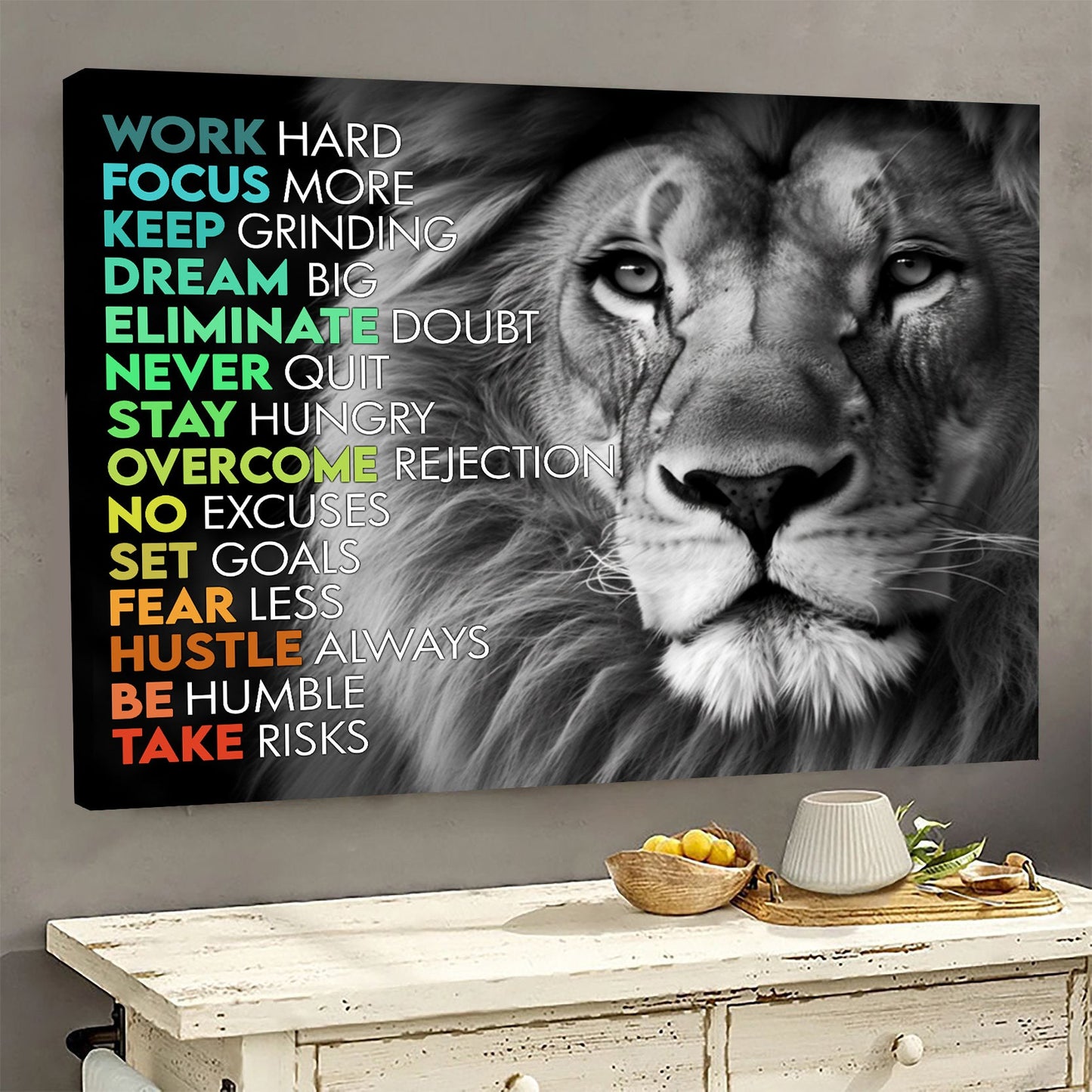 Work Hard Keep Grinding Dream Big, Motivational Canvas Painting, Inspirational Quotes Wall Art Decor - Poster Gift For Lion Lovers