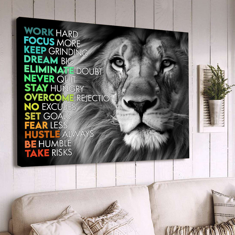 Work Hard Keep Grinding Dream Big, Motivational Canvas Painting, Inspirational Quotes Wall Art Decor - Poster Gift For Lion Lovers