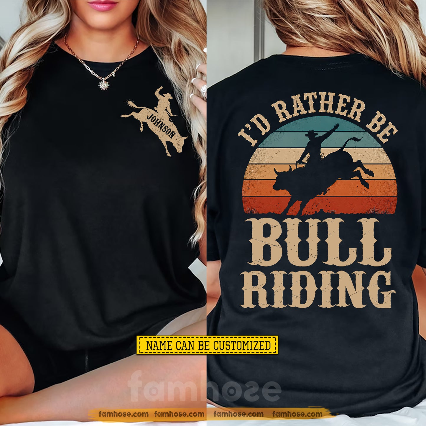 Vintage Personalized Bull Riding Two-sided T-shirt, I'd Rather Be Bull Riding Tees Gift For Bull Riding Lover