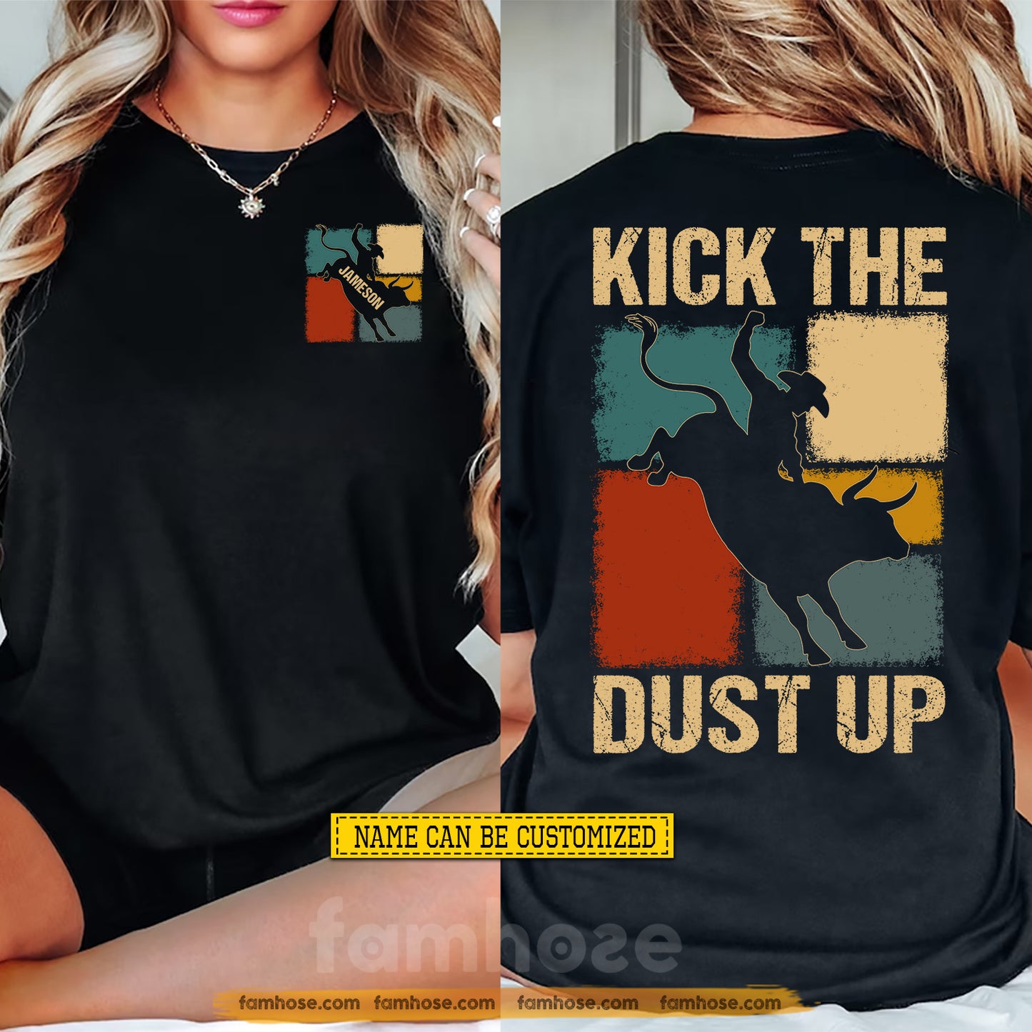 Vintage Personalized Bull Riding Two-sided T-shirt, Kick The Dust Up Tees Gift For Bull Riding Lover