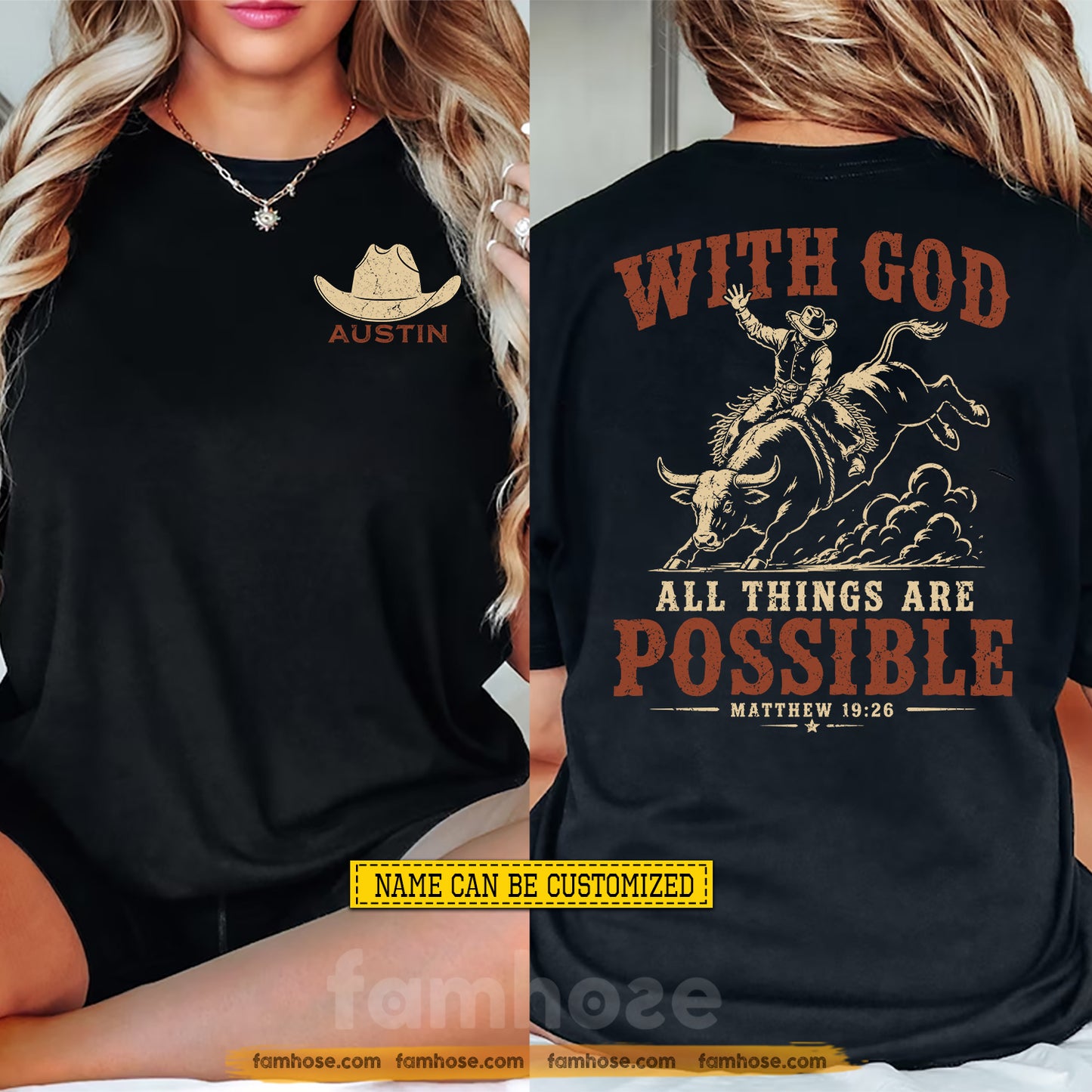 Personalized Bull Riding & Jesus Two-sided T-shirt, With God All Things Are Possible Tees Gift For Christians, Bull Riding Lover