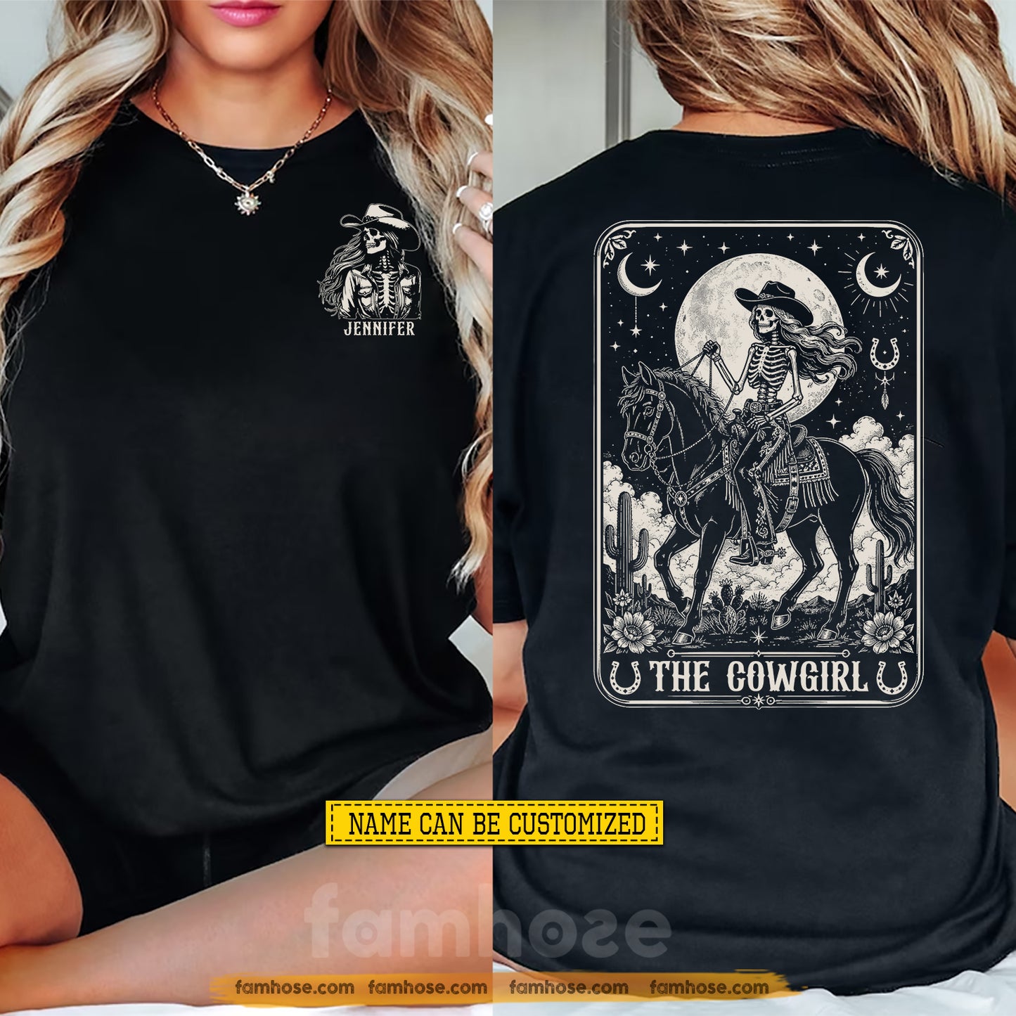 Personalized Halloween Skeleton Cowgirl Two-sided T-shirt, Western Horse Riding Tees Spooky Season Gift For Cowgirls, Horse Lover