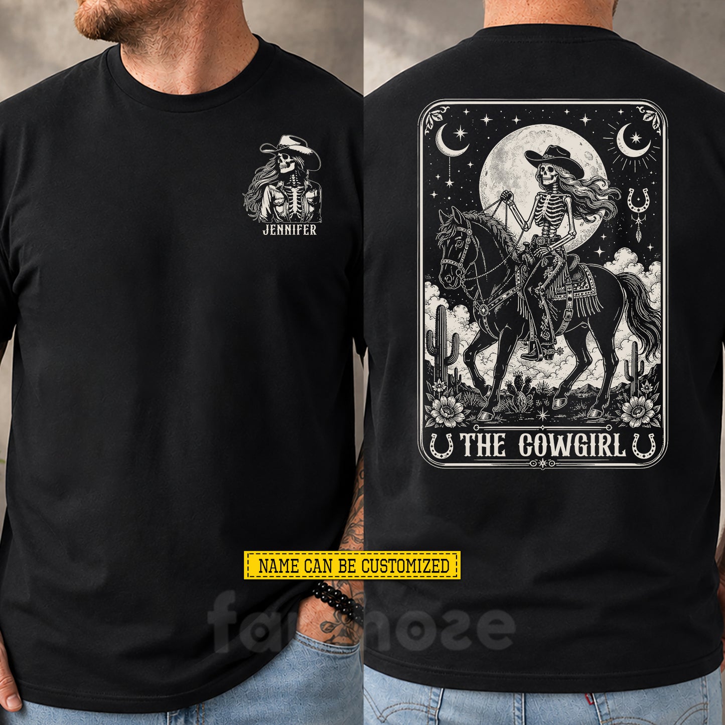 Personalized Halloween Skeleton Cowgirl Two-sided T-shirt, Western Horse Riding Tees Spooky Season Gift For Cowgirls, Horse Lover