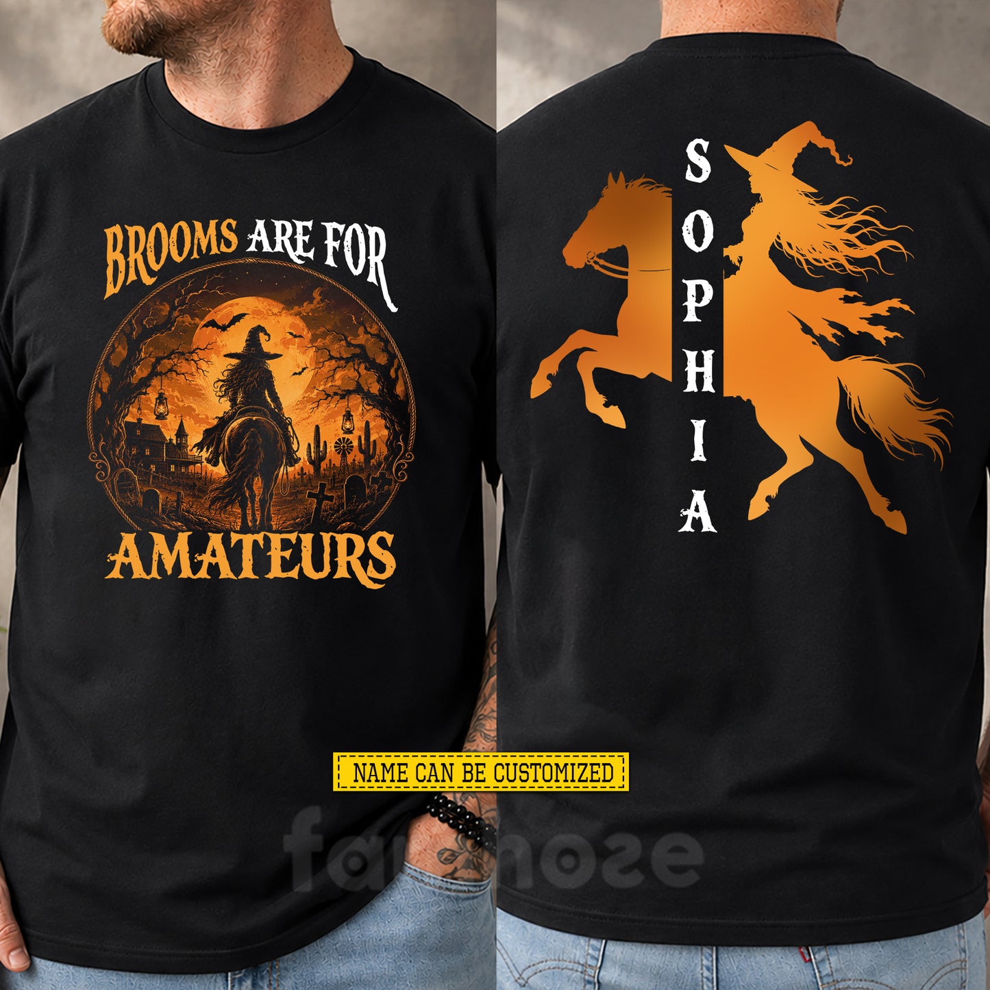 Funny Personalized Halloween Witch Riding Horse Two-sided T-shirt, Brooms Are For Amateurs Tees Spooky Season Gift For Horse Lover