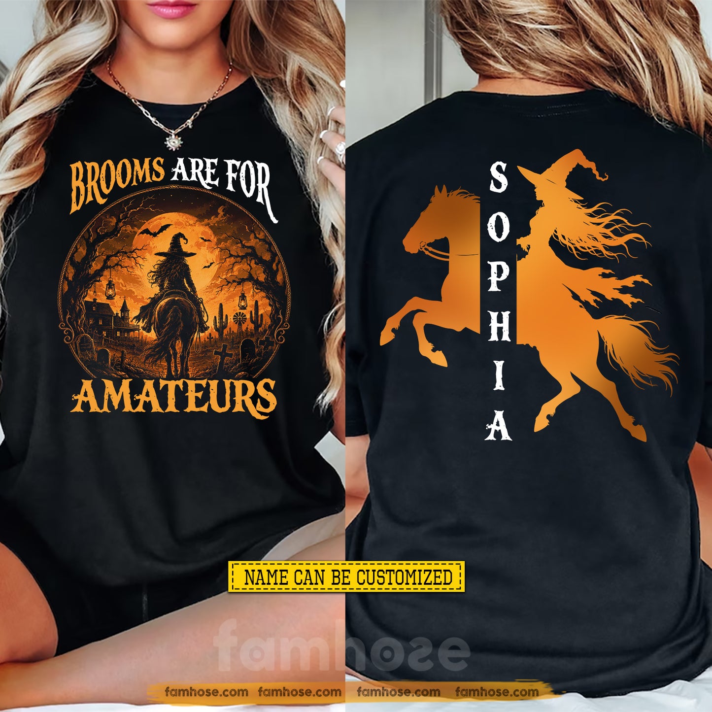 Funny Personalized Halloween Witch Riding Horse Two-sided T-shirt, Brooms Are For Amateurs Tees Spooky Season Gift For Horse Lover