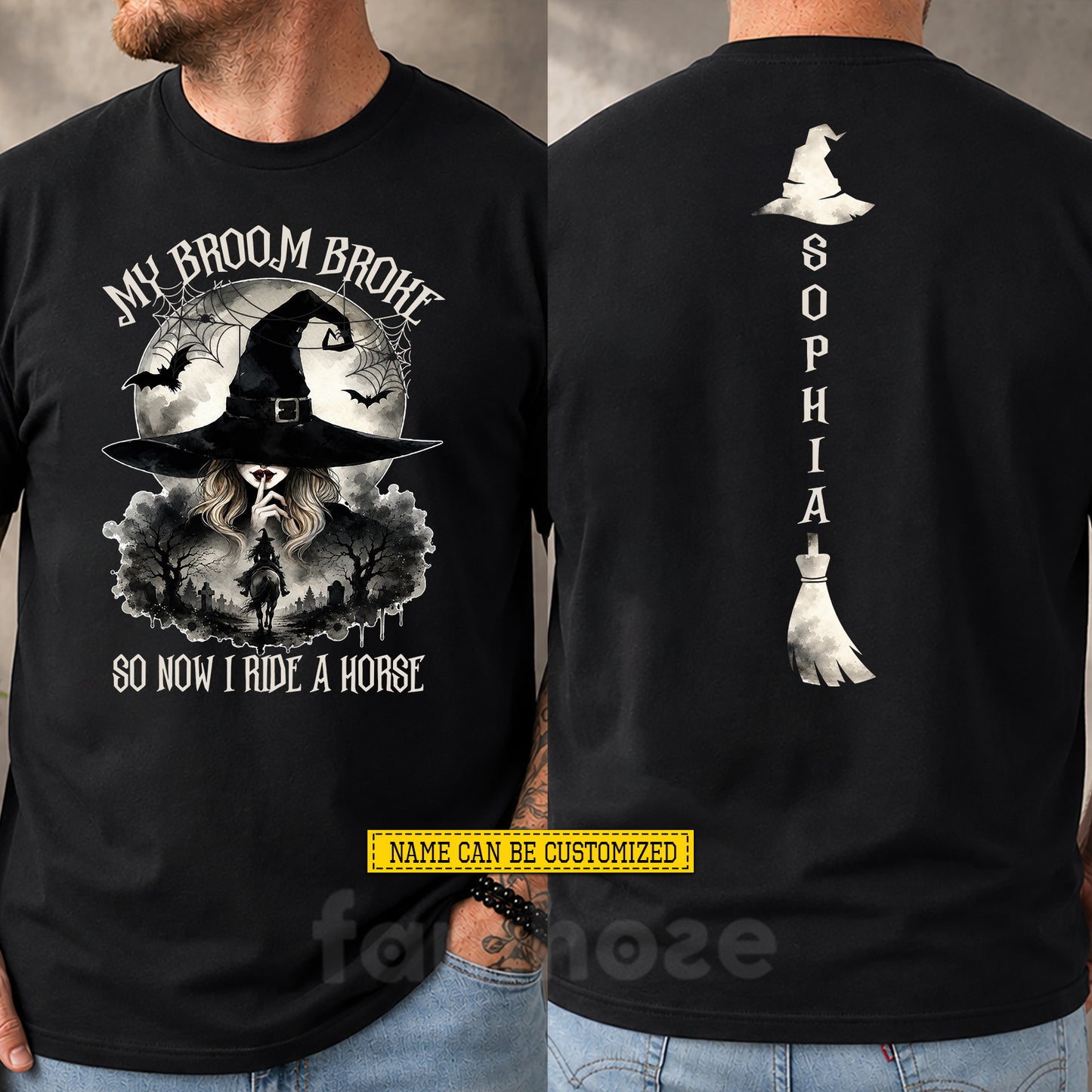 Personalized Halloween Cowgirl Witch Two-sided T-shirt, My Broom Broke Tees Spooky Season Gift For Cowgirls, Witch Lover