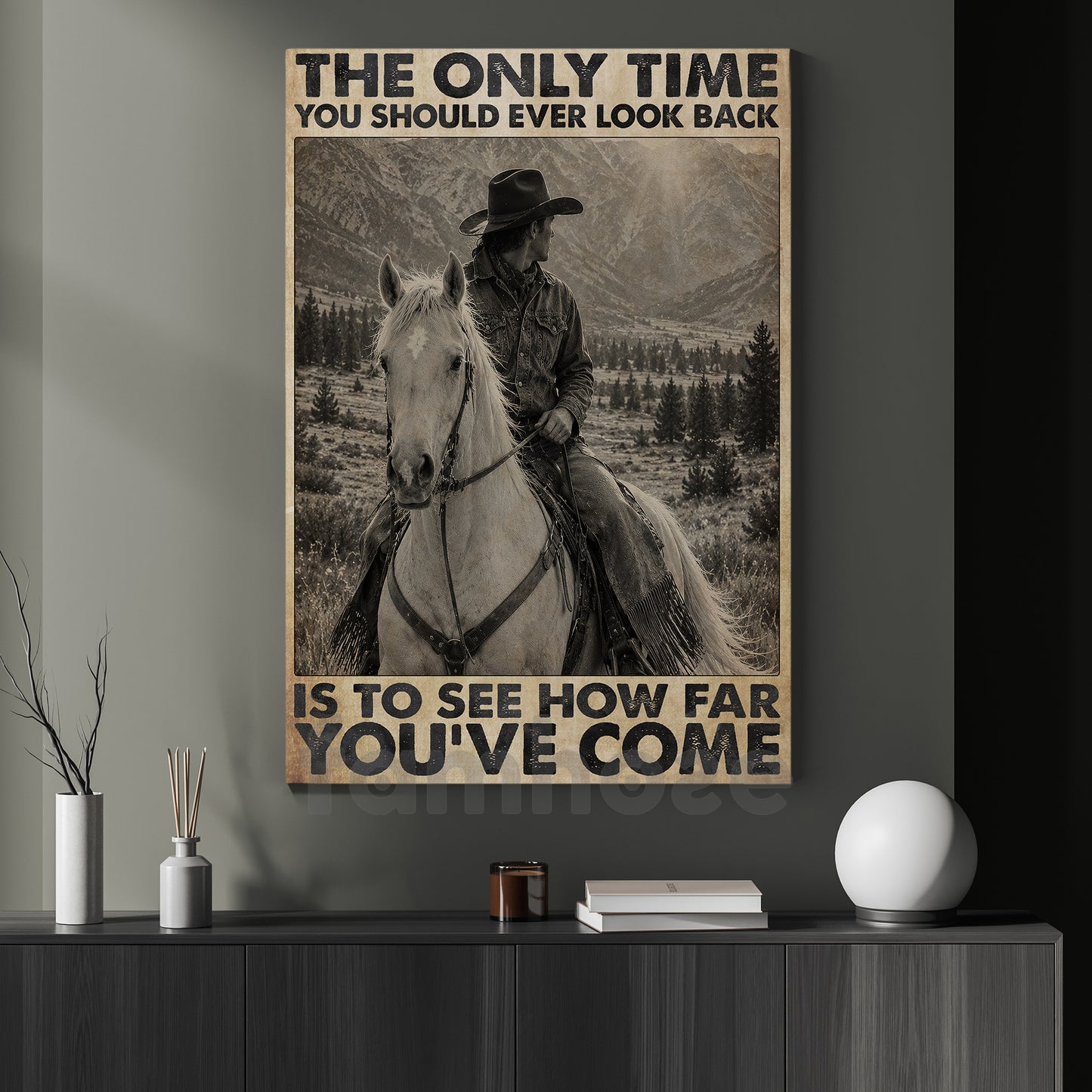 Cowboy Riding Horse Canvas Painting, The Only Time You Should Ever Look Back Wall Art Decor, Poster Gift For Cowboys