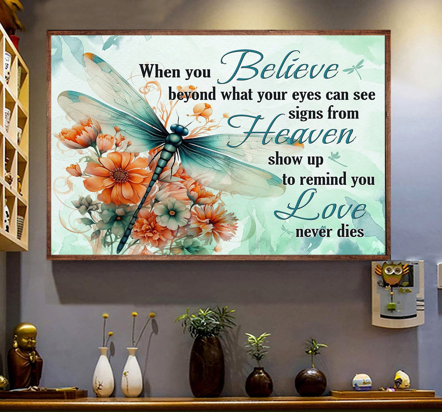 Believe Heaven Love, Canvas Painting, Inspirational Quotes Wall Art Decor, Poster Gift For Dragonfly Lovers