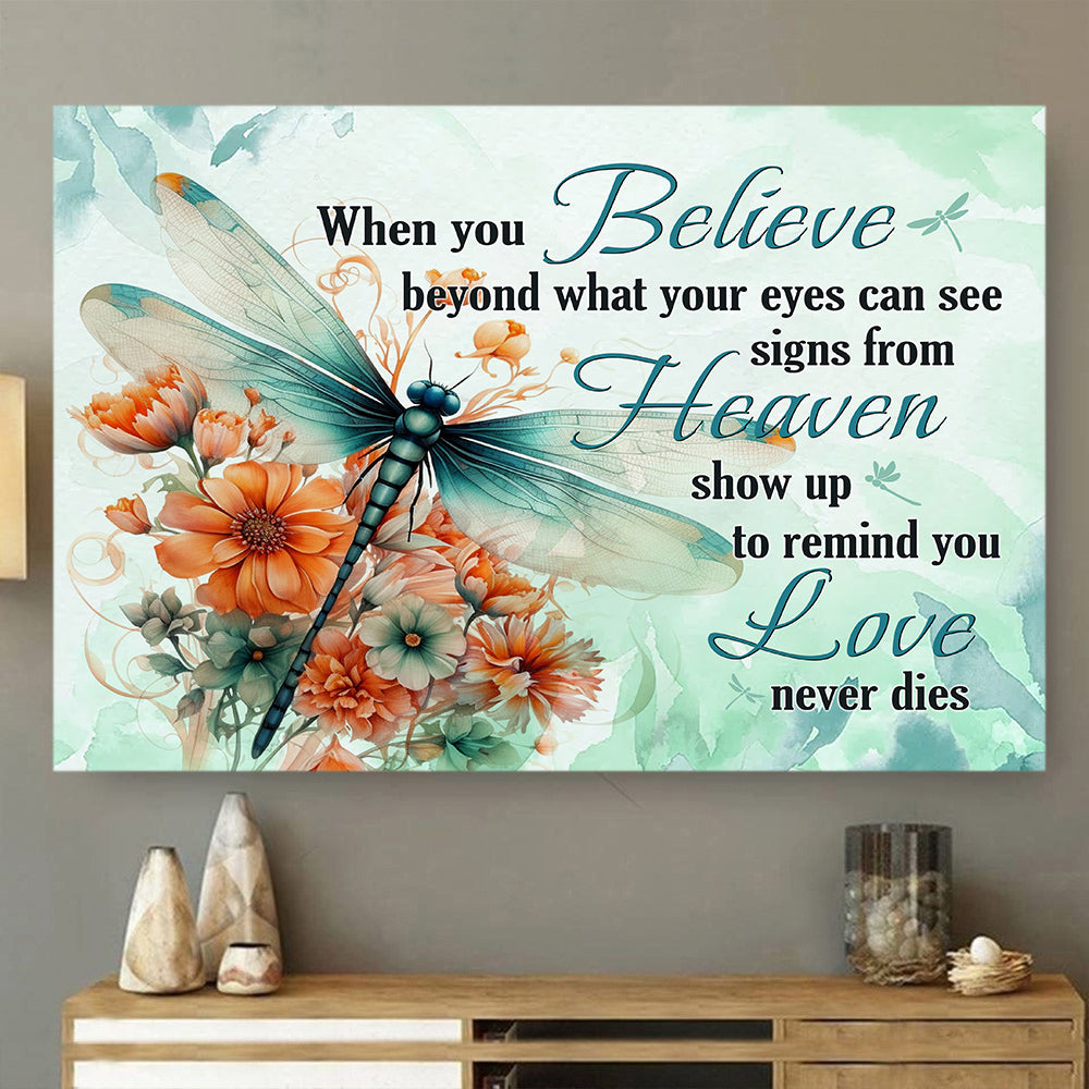 Believe Heaven Love, Canvas Painting, Inspirational Quotes Wall Art Decor, Poster Gift For Dragonfly Lovers