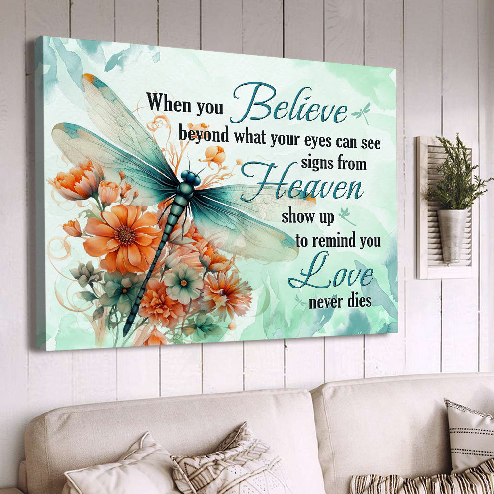 Believe Heaven Love, Canvas Painting, Inspirational Quotes Wall Art Decor, Poster Gift For Dragonfly Lovers