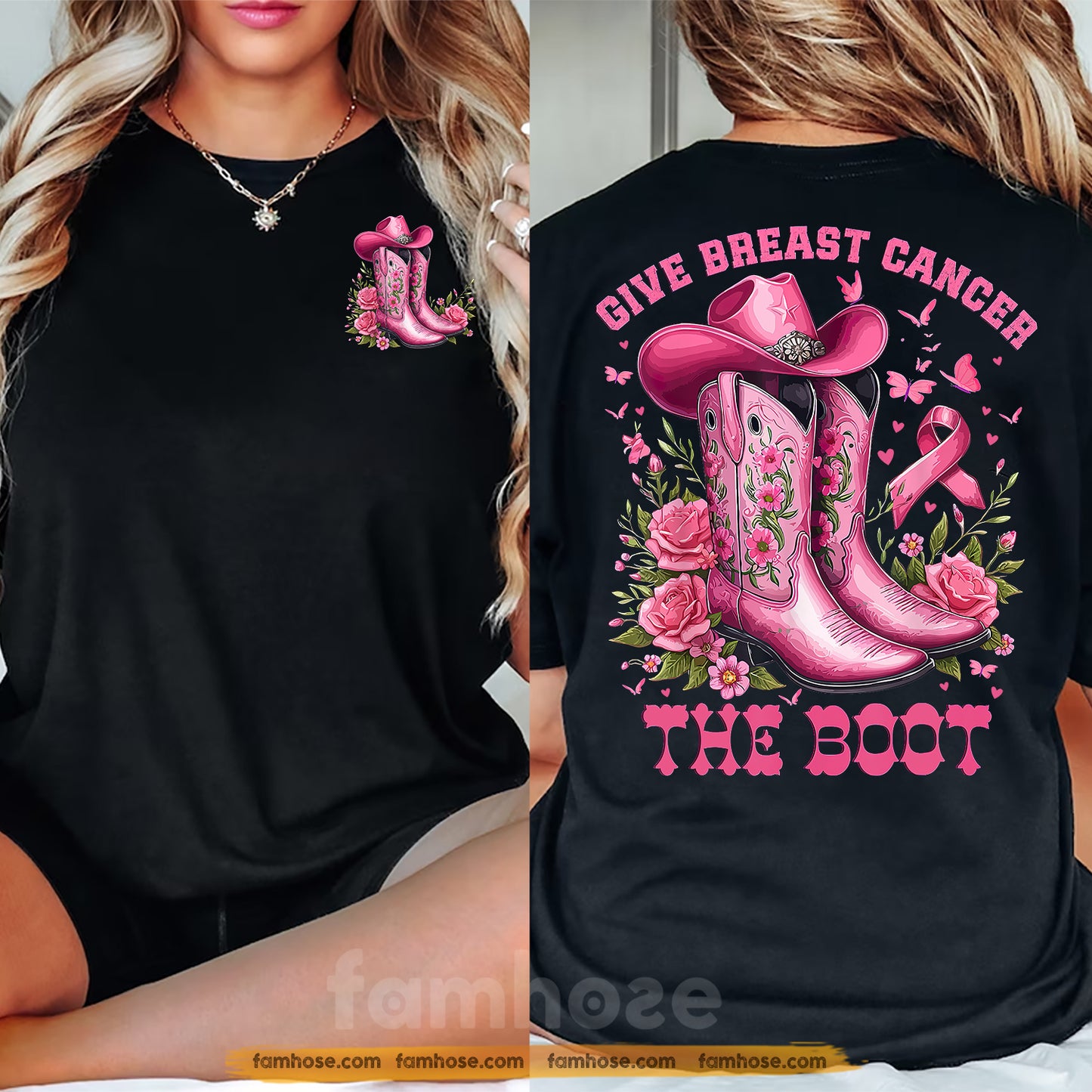 Pink Cowgirl Two-sided T-shirt, Give Breast Cancer The Boot Tees Gift For Cowgirls Who Supports Breast Cancer Awareness