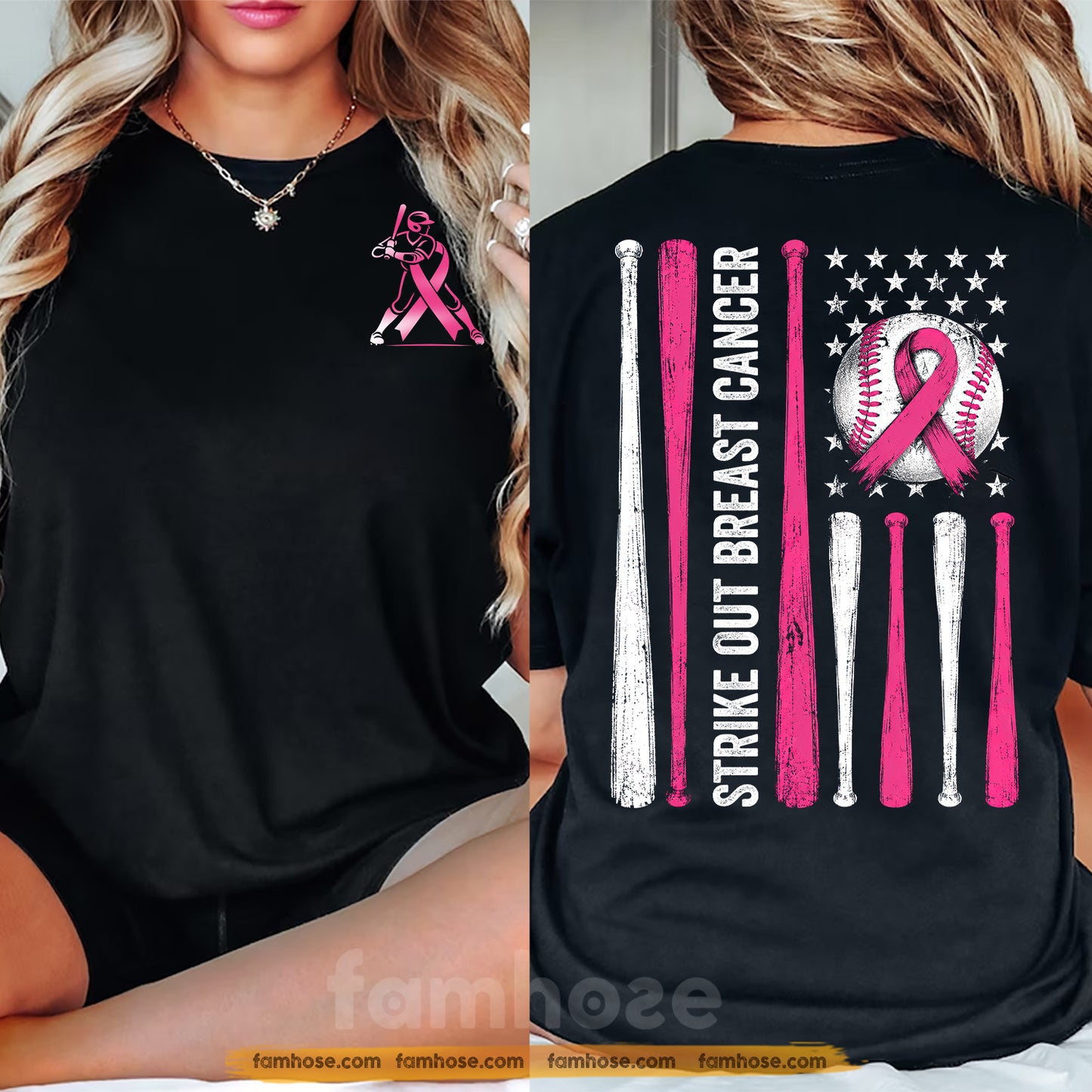 Pink Baseball Two-sided T-shirt, Strike Out Breast Cancer Sport Tees Gift For Baseball Lover Who Supports Breast Cancer Awareness