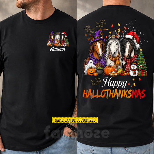 Personalized Halloween Thanksgiving Christmas Horse Two-sided T-shirt, Hallothanksmas Horse Tees Spooky Season Gift For Horse Lover