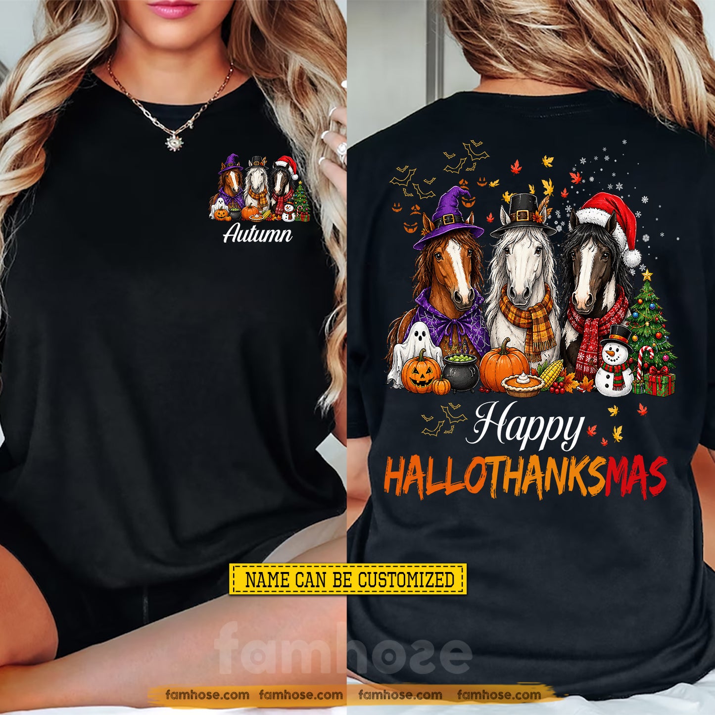 Personalized Halloween Thanksgiving Christmas Horse Two-sided T-shirt, Hallothanksmas Horse Tees Spooky Season Gift For Horse Lover