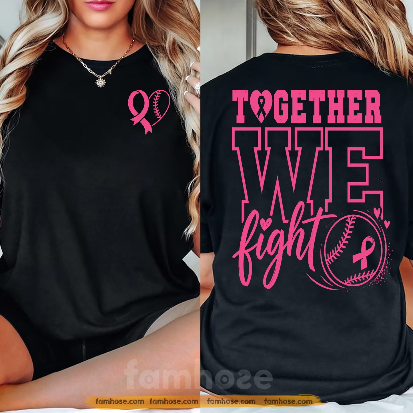 Pink Softball Breast Cancer Awareness Two-sided T-shirt, Together We Fight Pink Ribbon Tees Gift For Softball Lover