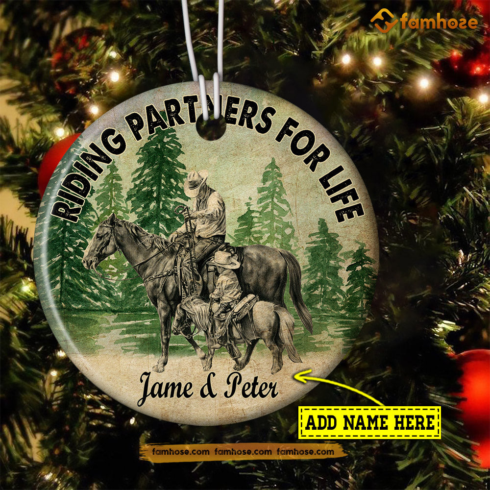 Christmas Horse Riding Ornament, Riding Partners For Life Father And Daughter Gift For Horse Lovers, Personalized Custom Circle Ceramic Ornament