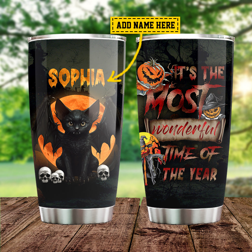 Personalized Halloween Cat Tumbler, It's The Most Wonderful Time Of The Year Stainless Steel Tumbler, Gift For Cat Lovers, Cat Owners