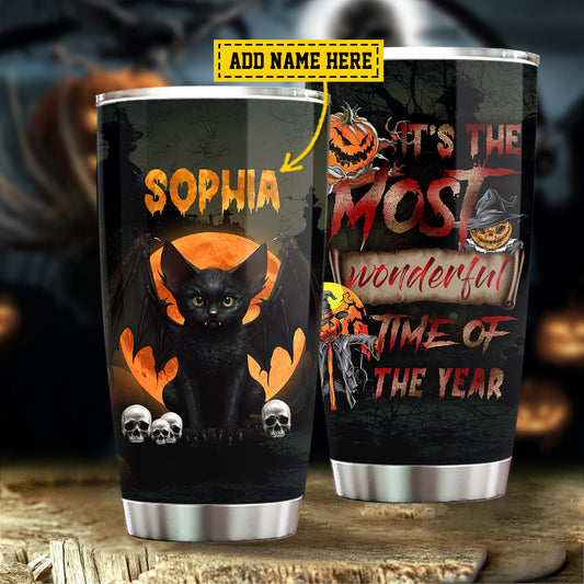 Personalized Halloween Cat Tumbler, It's The Most Wonderful Time Of The Year Stainless Steel Tumbler, Gift For Cat Lovers, Cat Owners