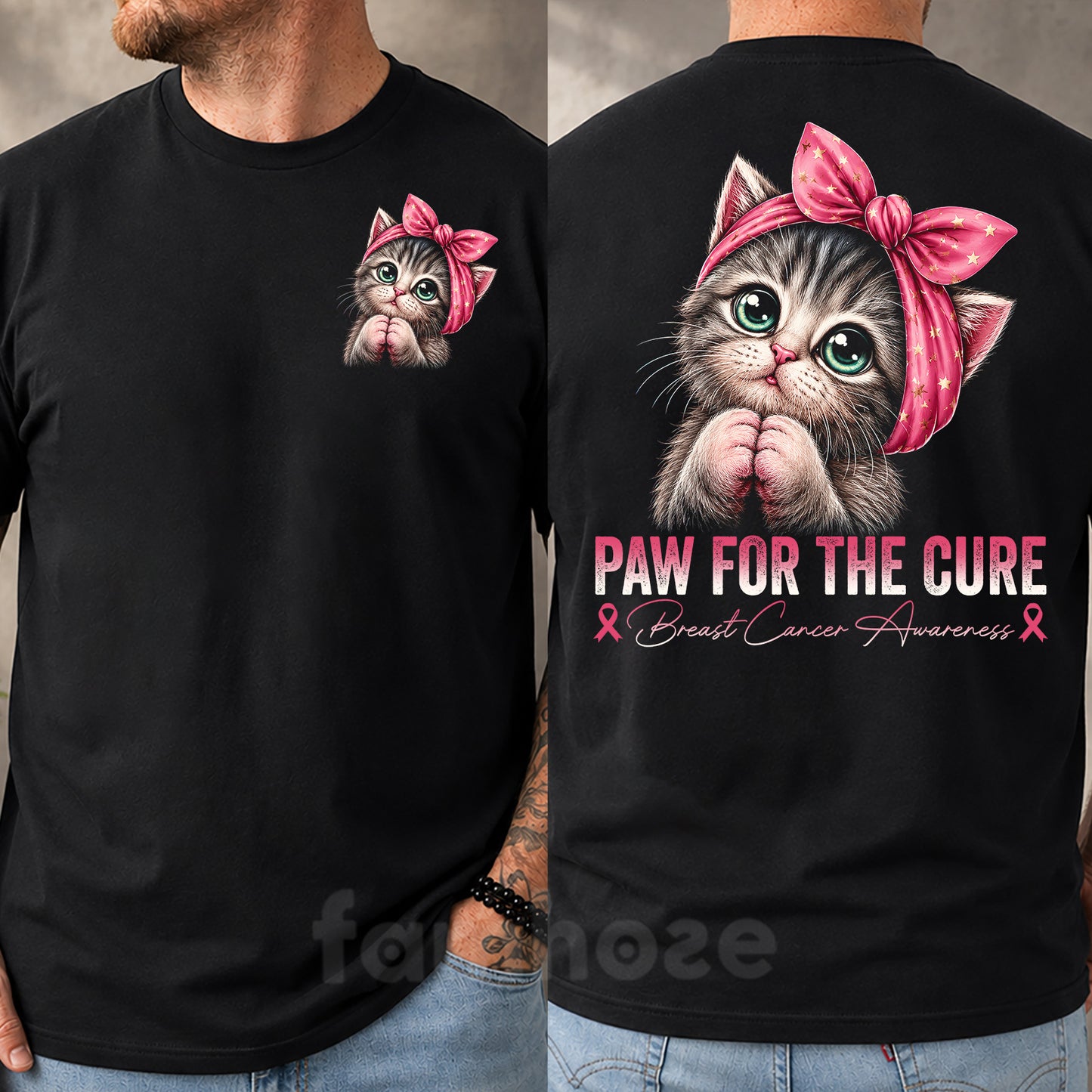 Pink Cat Two-sided T-shirt, Paw For The Cure Tees Gift For Cat Lovers Who Supports Breast Cancer Awareness