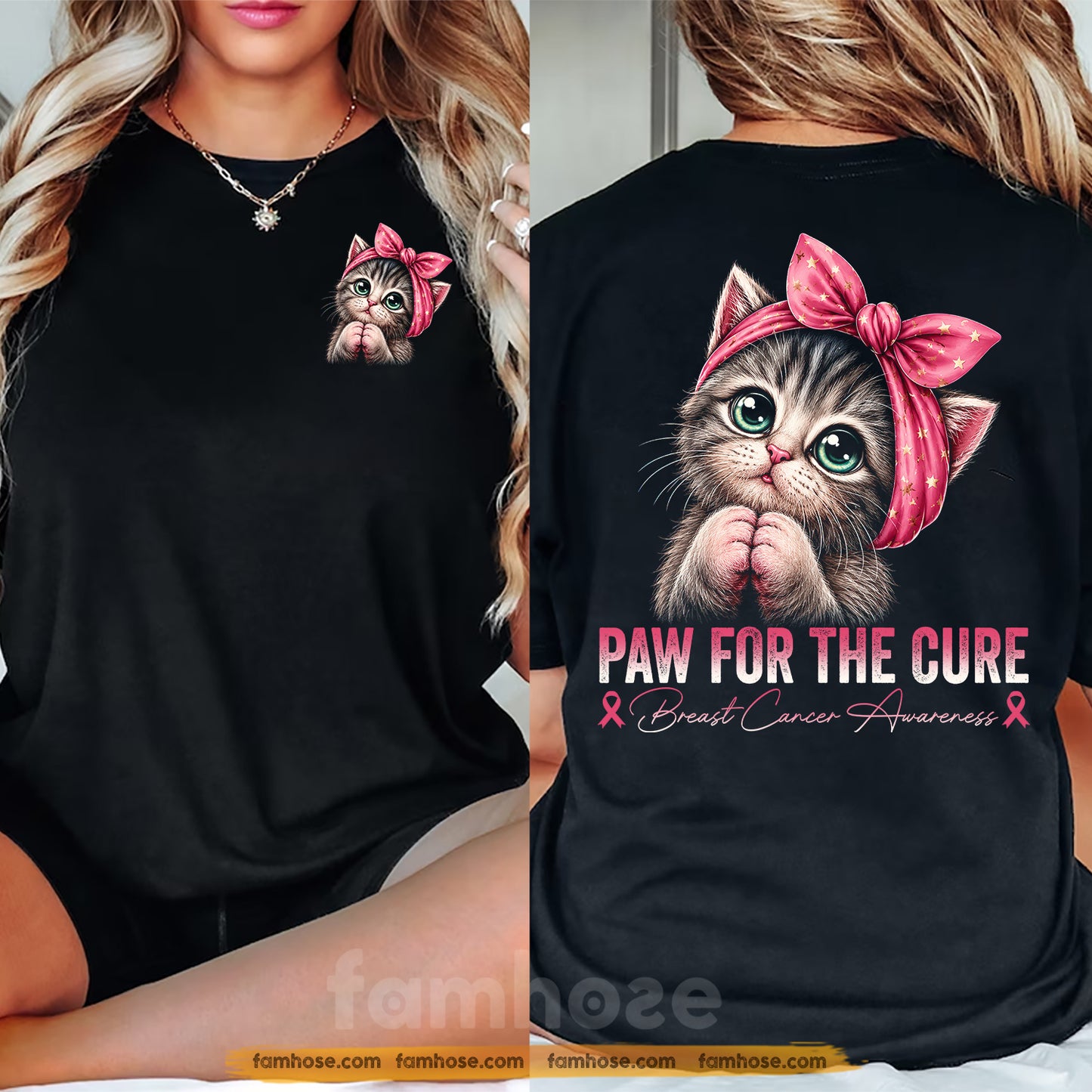 Pink Cat Two-sided T-shirt, Paw For The Cure Tees Gift For Cat Lovers Who Supports Breast Cancer Awareness