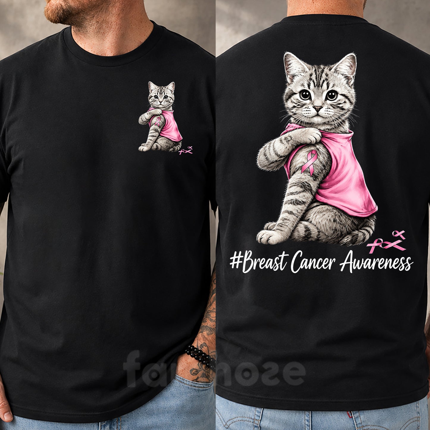 Pink Cat Breast Cancer Awareness Two-sided T-shirt, Pink Ribbon Tees Gift For Cat Lovers