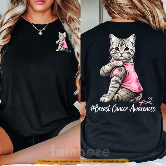 Pink Cat Breast Cancer Awareness Two-sided T-shirt, Pink Ribbon Tees Gift For Cat Lovers