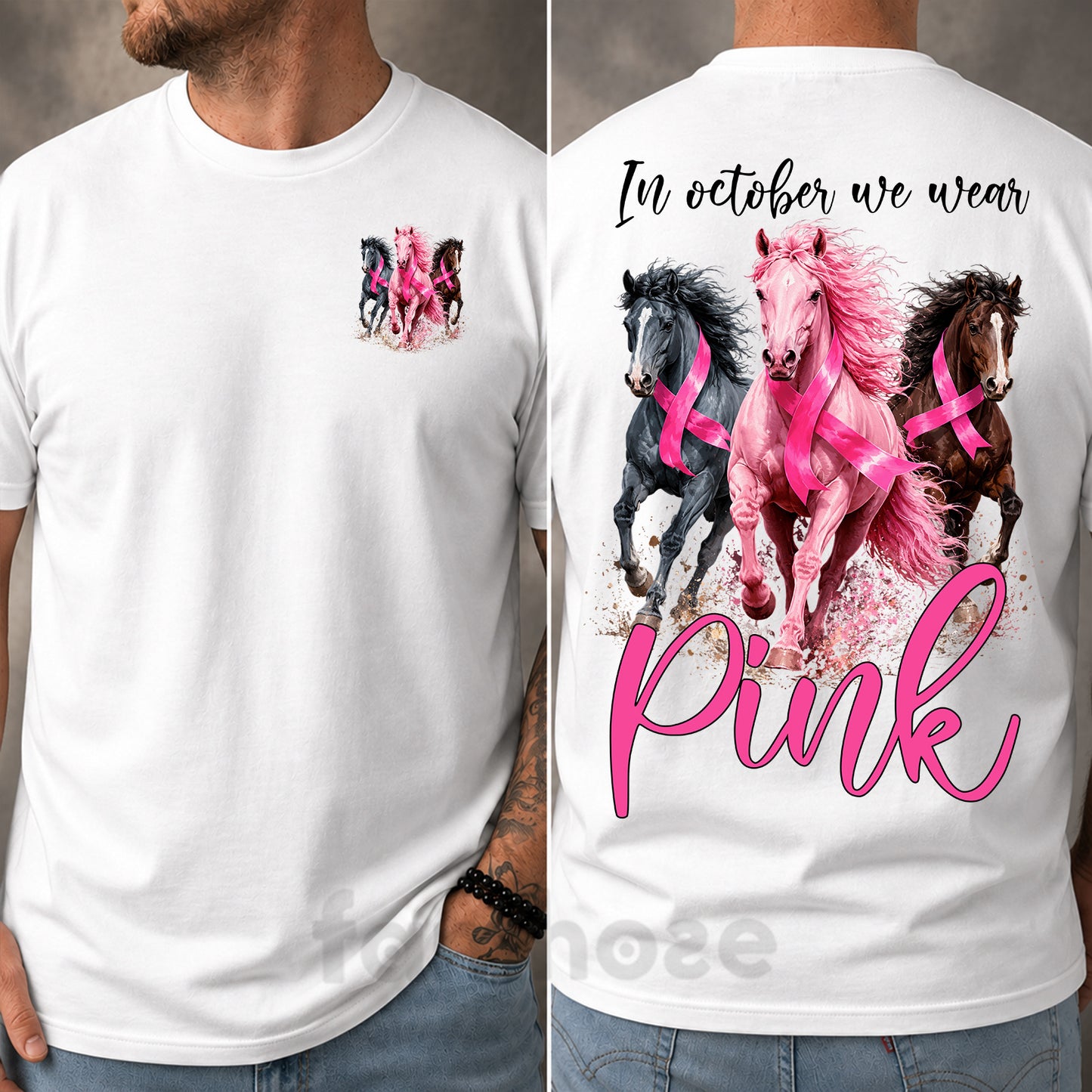 Pink Horse Breast Cancer Awareness Two-sided T-shirt, In October We Wear Pink Ribbon Tees Gift For Horse Lover